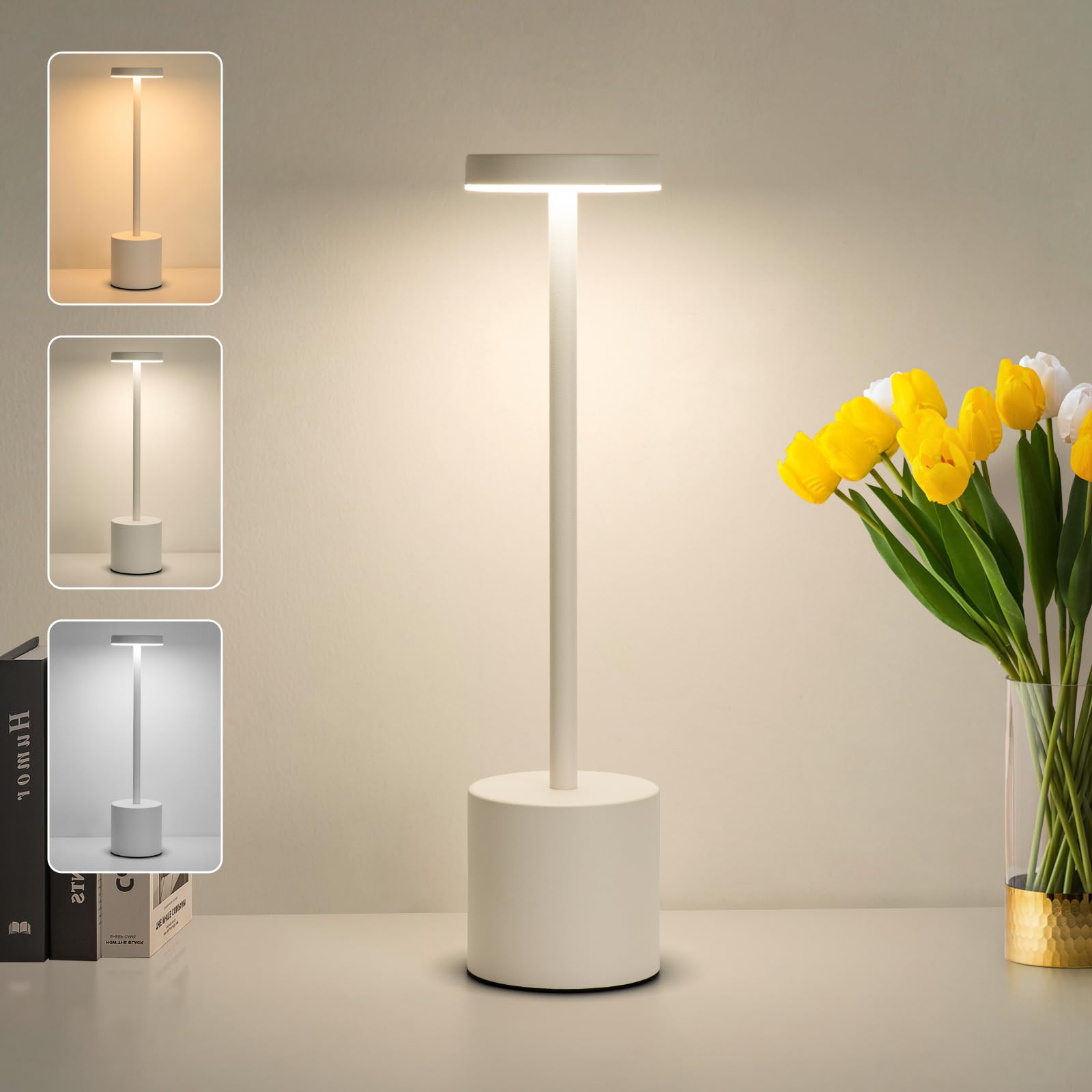 ZOOPEEN Cordless Table Lamp Rechargeable 5200mAH Battery Operated Touch Desk Lamp 3 Color Stepless Dimming Bedside Lamps Modern 