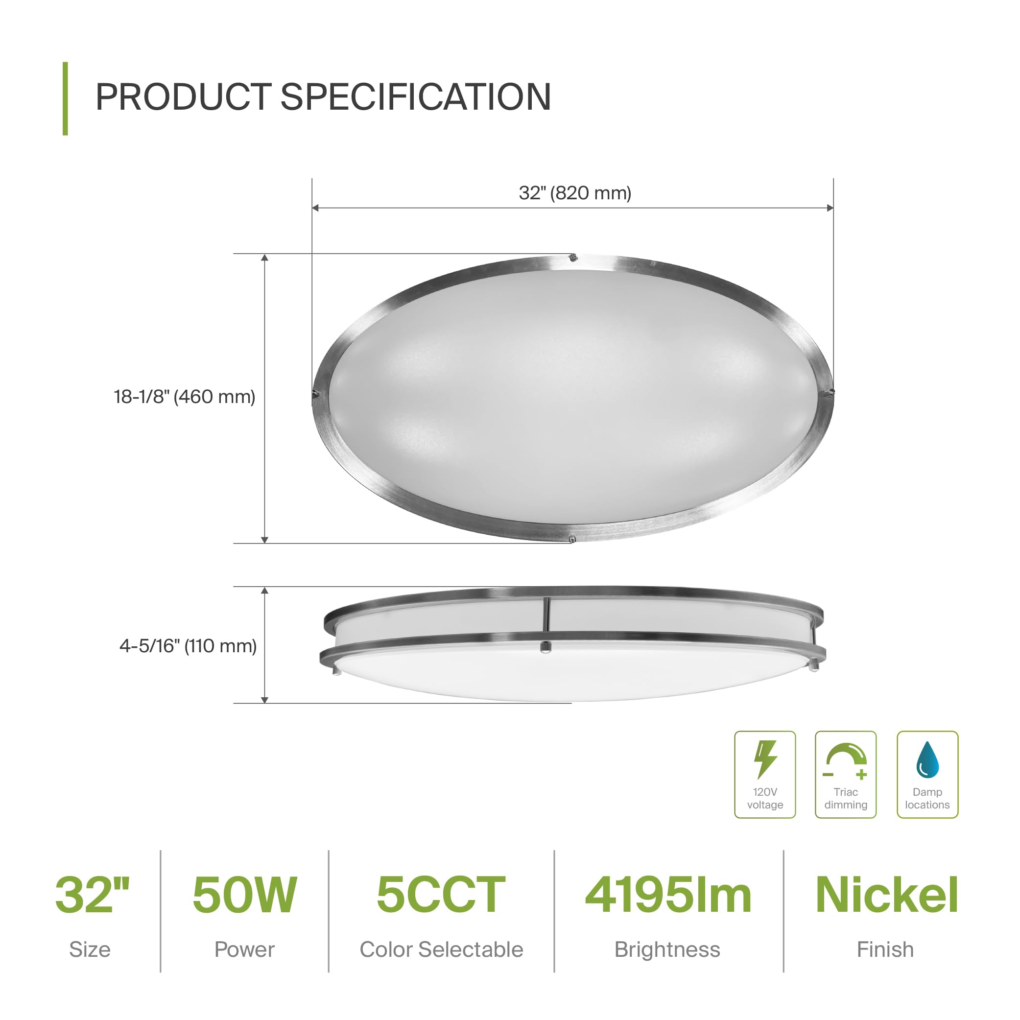 ASD LED Flush Mount Light Fixture 32 Inch 50W Dimmable ETL Listed Brushed Nickel 2 Pack Model A-FMOV-32D50NK-2p