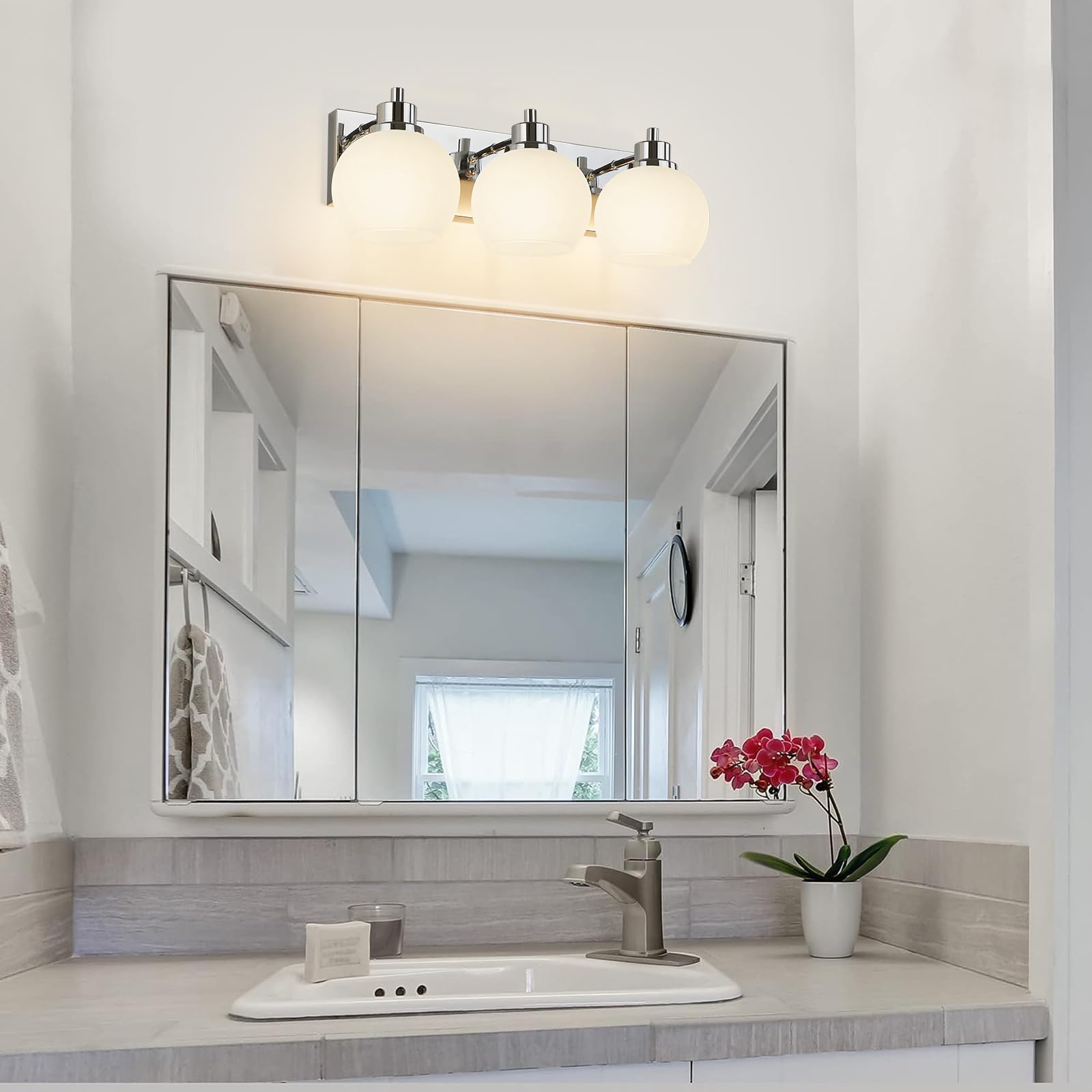 Tuscarora Bathroom Light Fixtures, Chrome Vanity Light 3 Light Bathroom Vanity Light With Milk Glass Shade,Bathroom Light Over Mirror,Bathroom Lighting Fixtures For Mirror