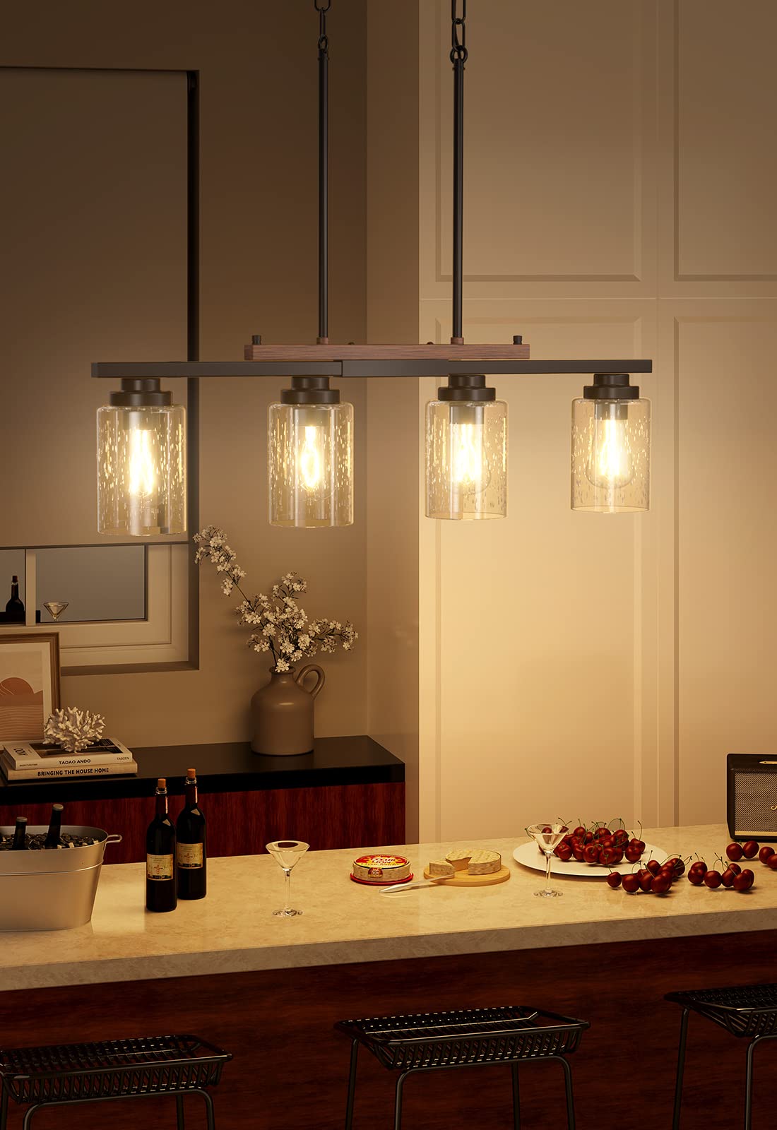 Amico 4-Light Dining Room Chandelier - Black Metal & Wood Pendant Light with Seeded Glass, Adjustable Rods, Model A0501