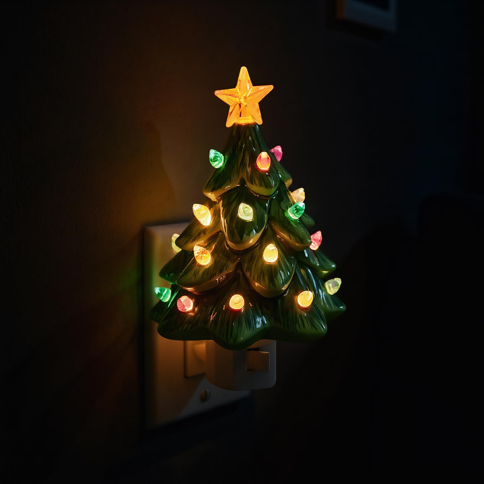 Lasumora Christmas Decorations  Ceramic Christmas Tree Night Light  1 Pack Vintage Christmas Decorative Night Light With On/Off Switch  Holiday Decor Indoor For Bedroom & Hallway