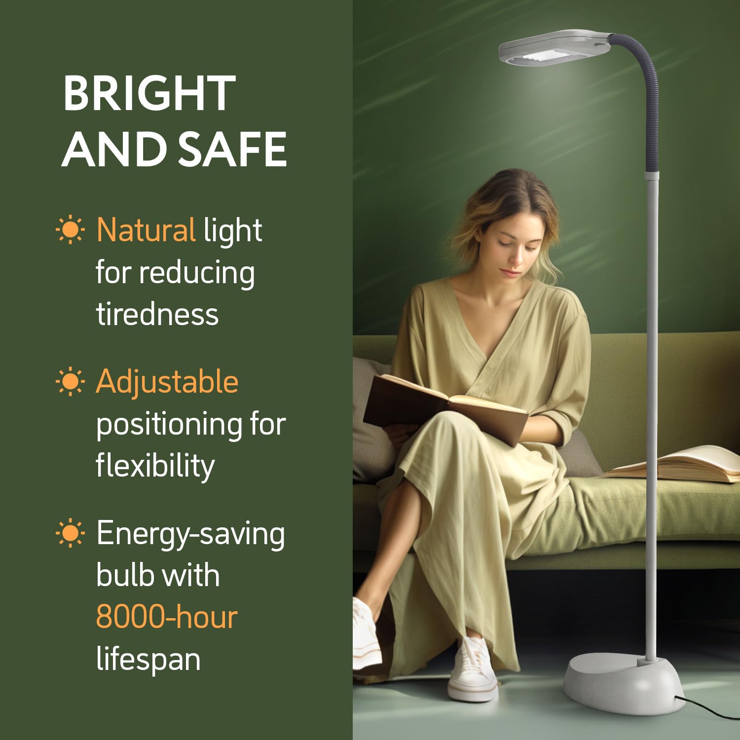 Natural Daylight Floor Lamp - Craft Light Floor Standing For Reading, Crafting, Sewing - 27W Full Spectrum White Bright Sunlight - Adjustable Gooseneck - Task Lamps For Living Room, Bedroom, Office