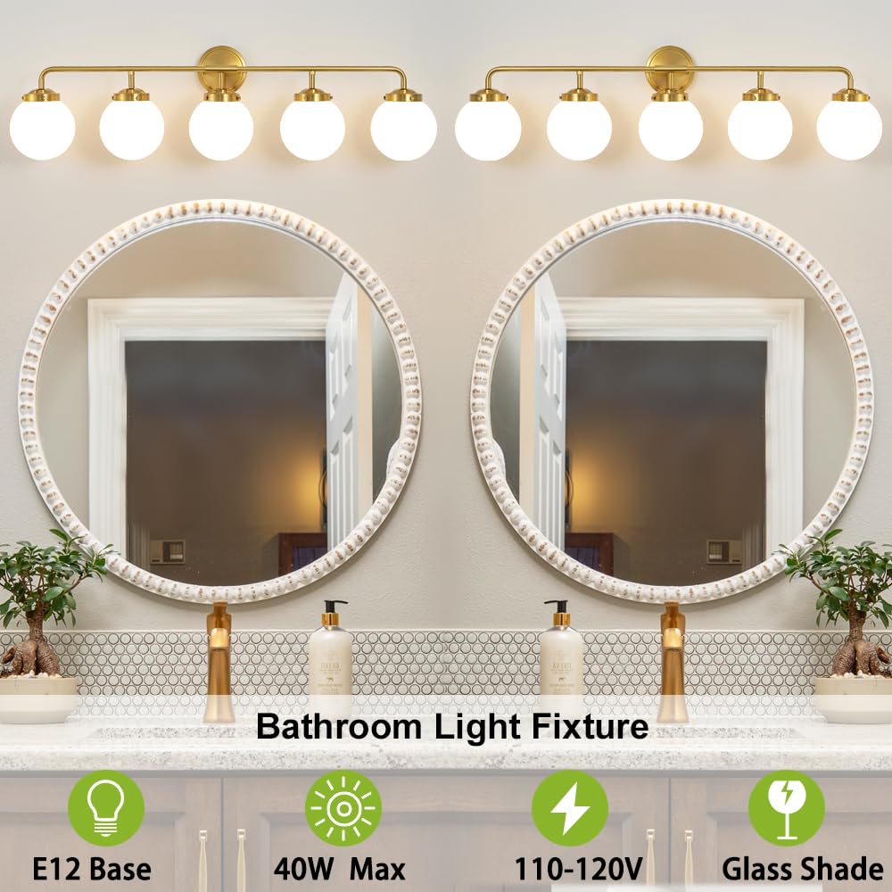 Deyidn Gold Bathroom Light Fixtures 5-Light Wall Sconce with Milk White Glass Globe Shade, Model 1758
