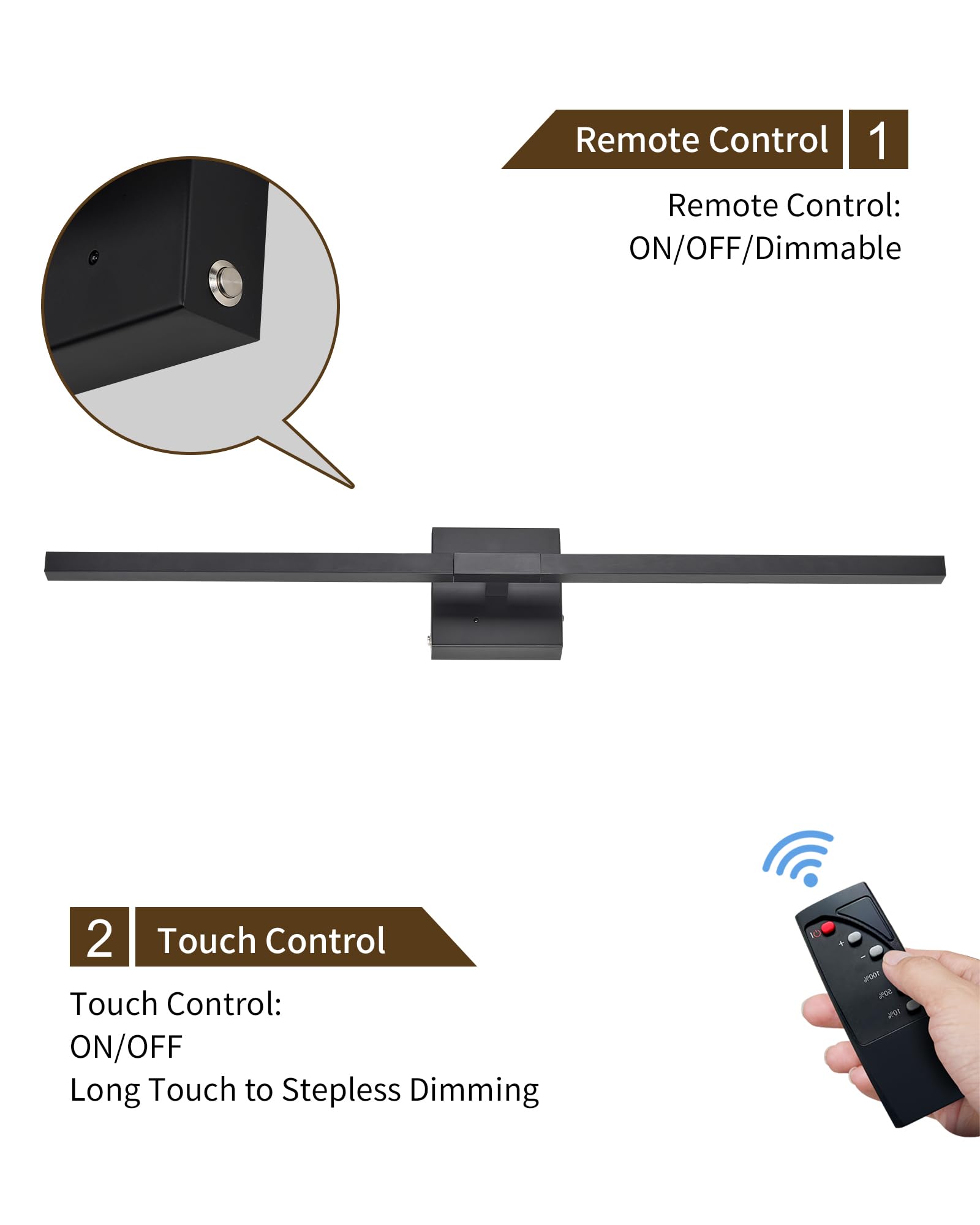 Rayogale 8000mAh Dimmable LED Wall Sconce Set of 2, 3000K-6000K, 32 Inch Black, Cordless with Remote Control