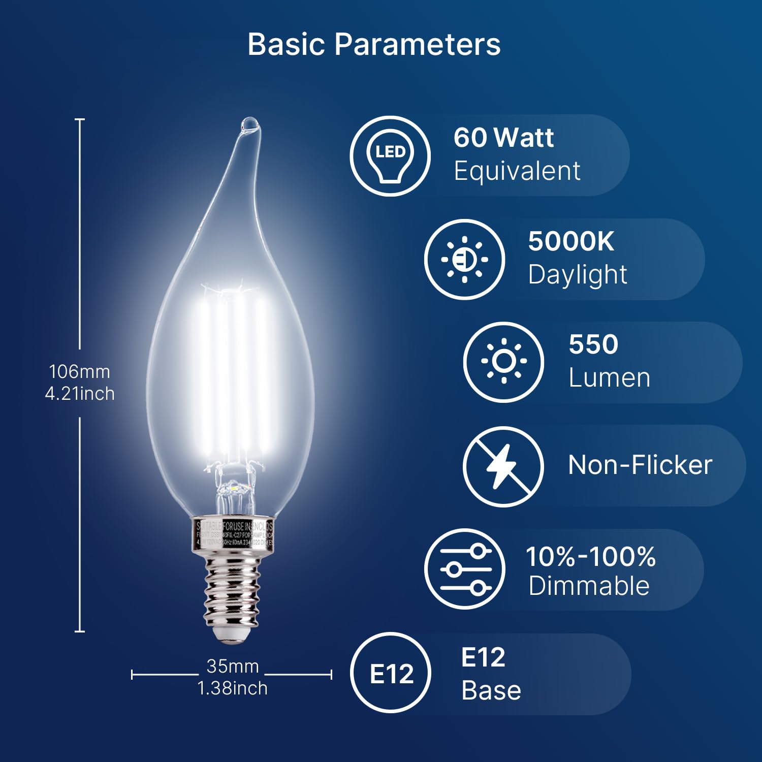 Flsnt Led Candelabra Light Bulbs, Ca11 E12 Chandelier Led Light Bulbs 60W Equivalent, 5000K Daylight, 550Lm, 5.5W, 90+ High Cri,