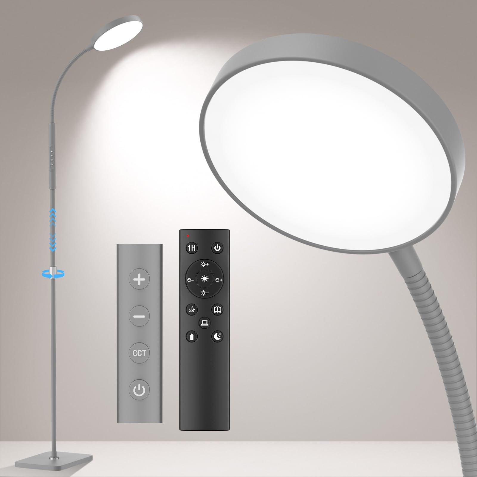 PACOVY Adjustable Height Floor Lamp, 120 LED Dimmable Gooseneck, 1 Pack, Matte Gray, Model ADJ-01