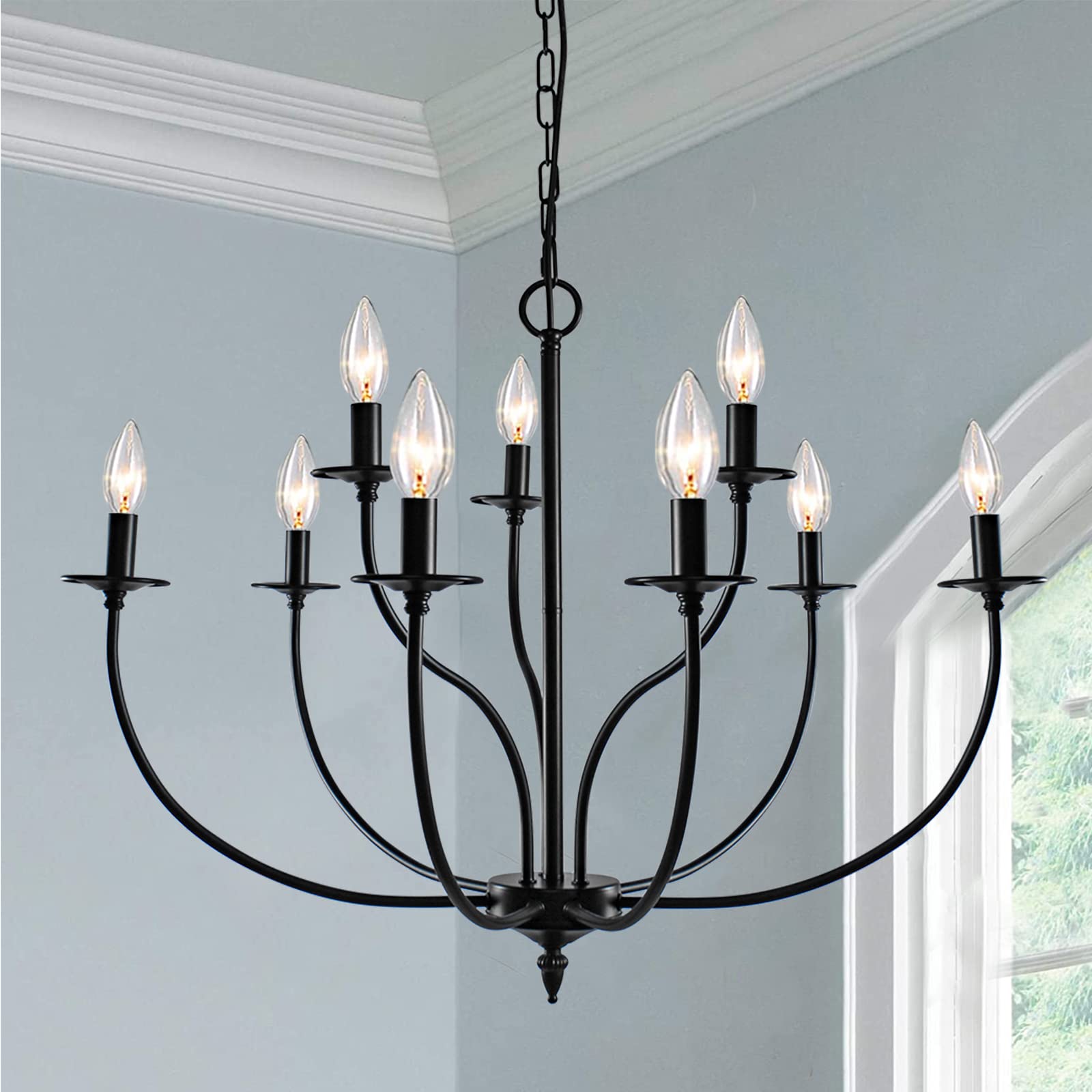 Rviezza Black Chandelier, 9 Light Industrial Iron Farmhouse Chandeliers, 2-Tier Candle French Country Chandelier for Living Room