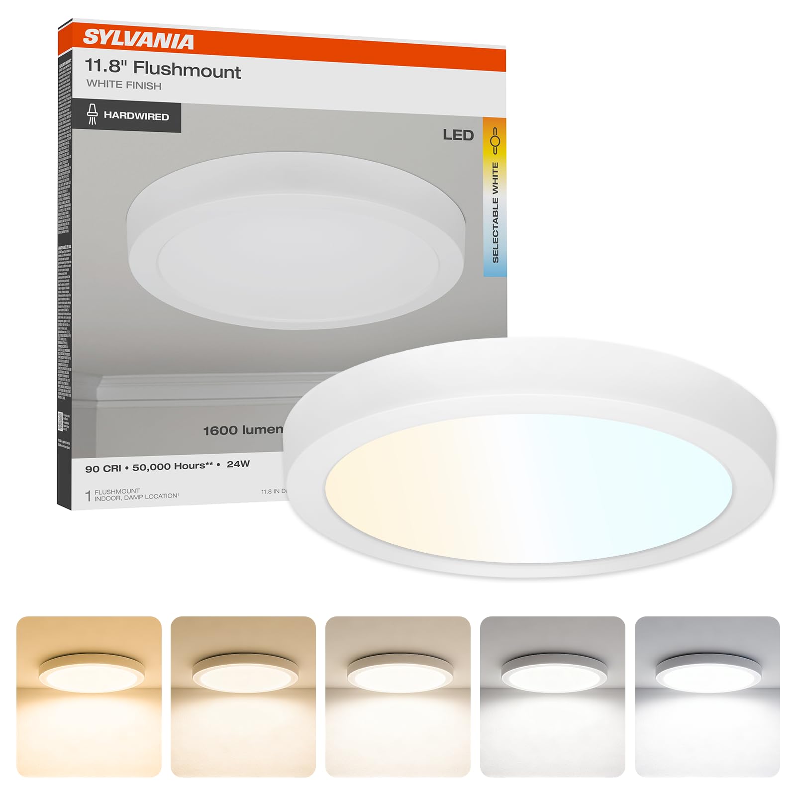Sylvania 12 LED Flush Mount Ceiling Light Fixture, 24W, 5 Color Select (2700K - 5000K), 1600 LMS, Hardwired, White, LED Lights f