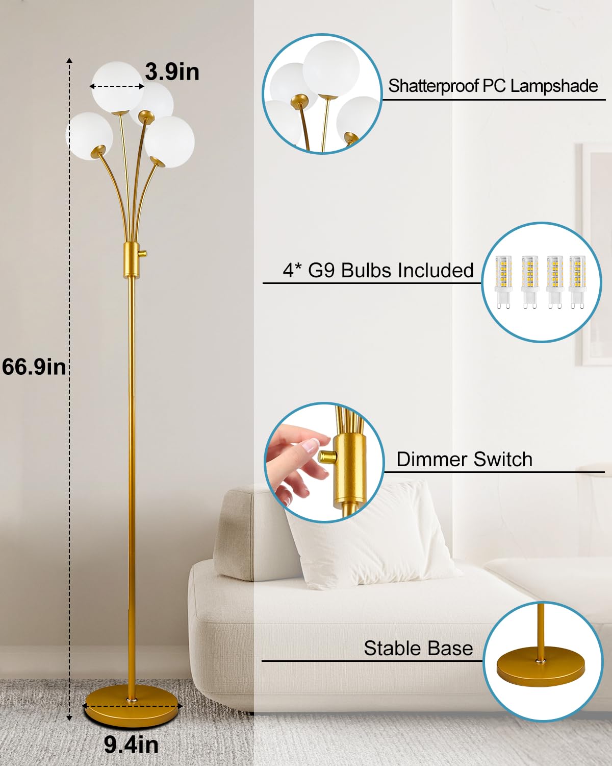 Lightdot 67In Dimmable Globe Floor Lamp 4-Lights Gold Standing Lamps With 4Pcs 3000K G9 Bulbs Soft Warm White Mid Century Modern