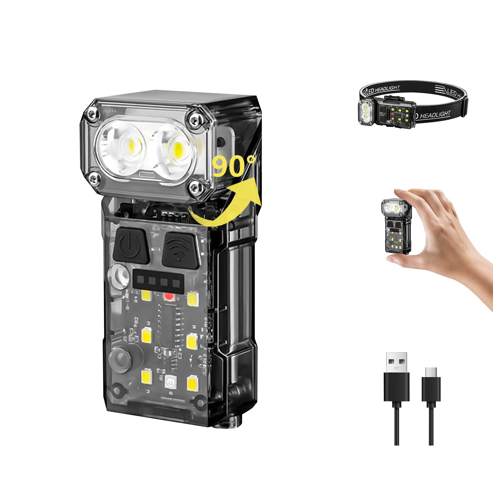 Keep Shinning Rechargeable Headlamp EDC Flashlight Mini Compact High Lumens Smoke Grey HP03