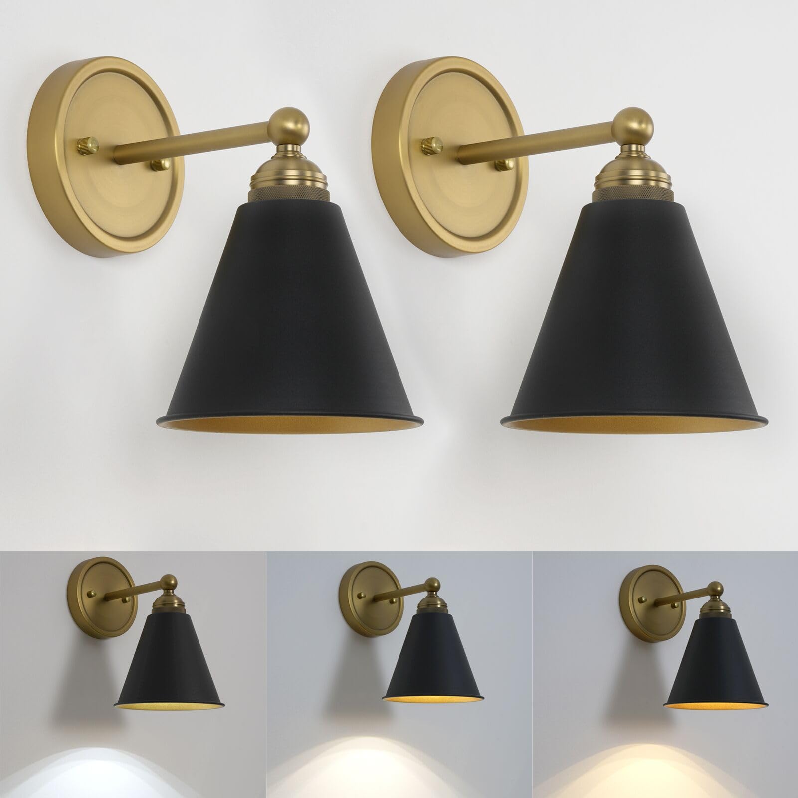 Heqiqeh Set Of 2 Modern Battery Operated Wall Sconces, Vintage Black And Gold Wall Lights Fixture With Remote Control, Dimmable