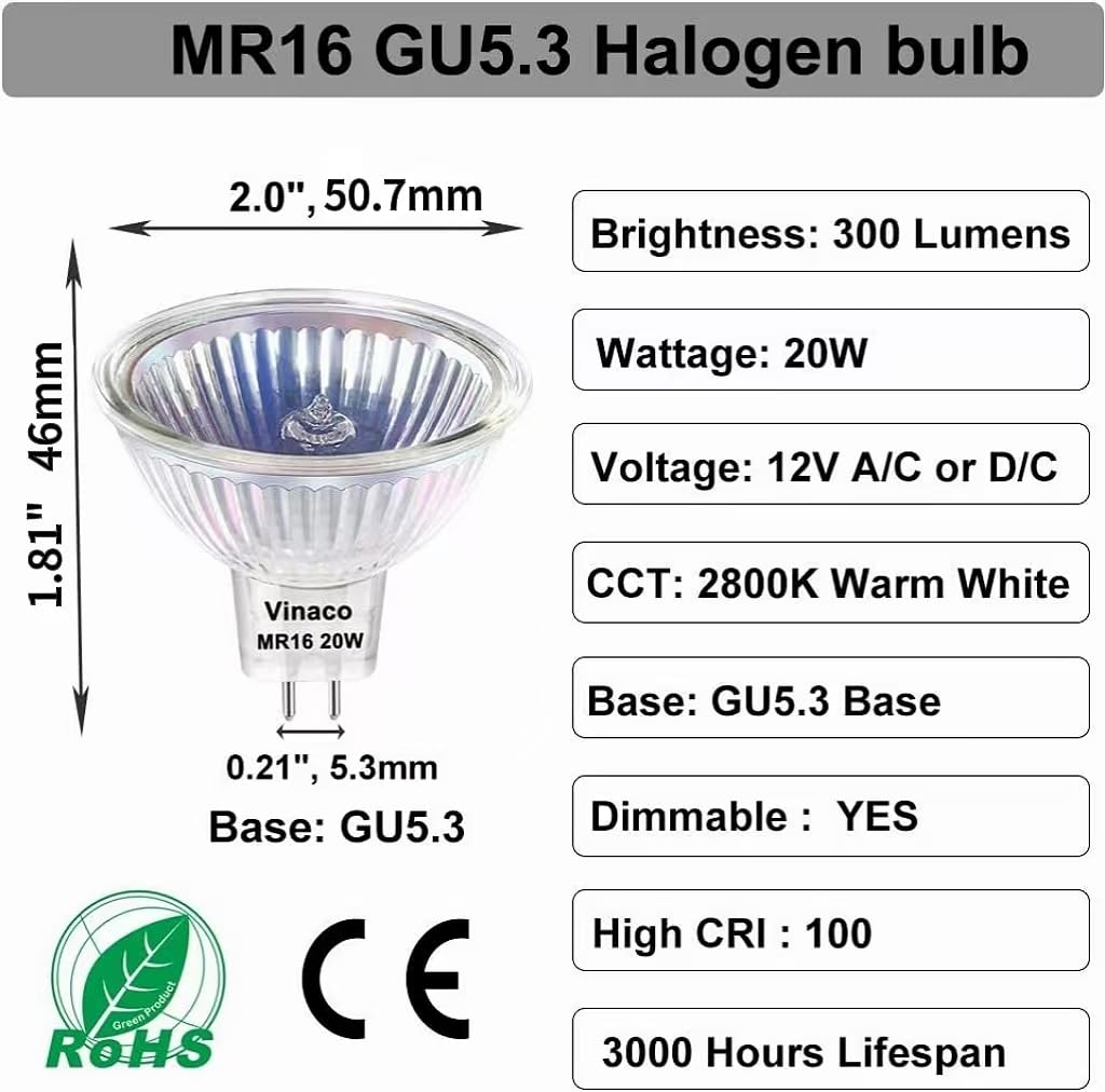 Vinaco Mr16 Halogen Bulb 6 Pack, 20W 12V, 3000Hrs, Warm White, Dimmable, Gu5.3 Base, Landscape & Track Lights