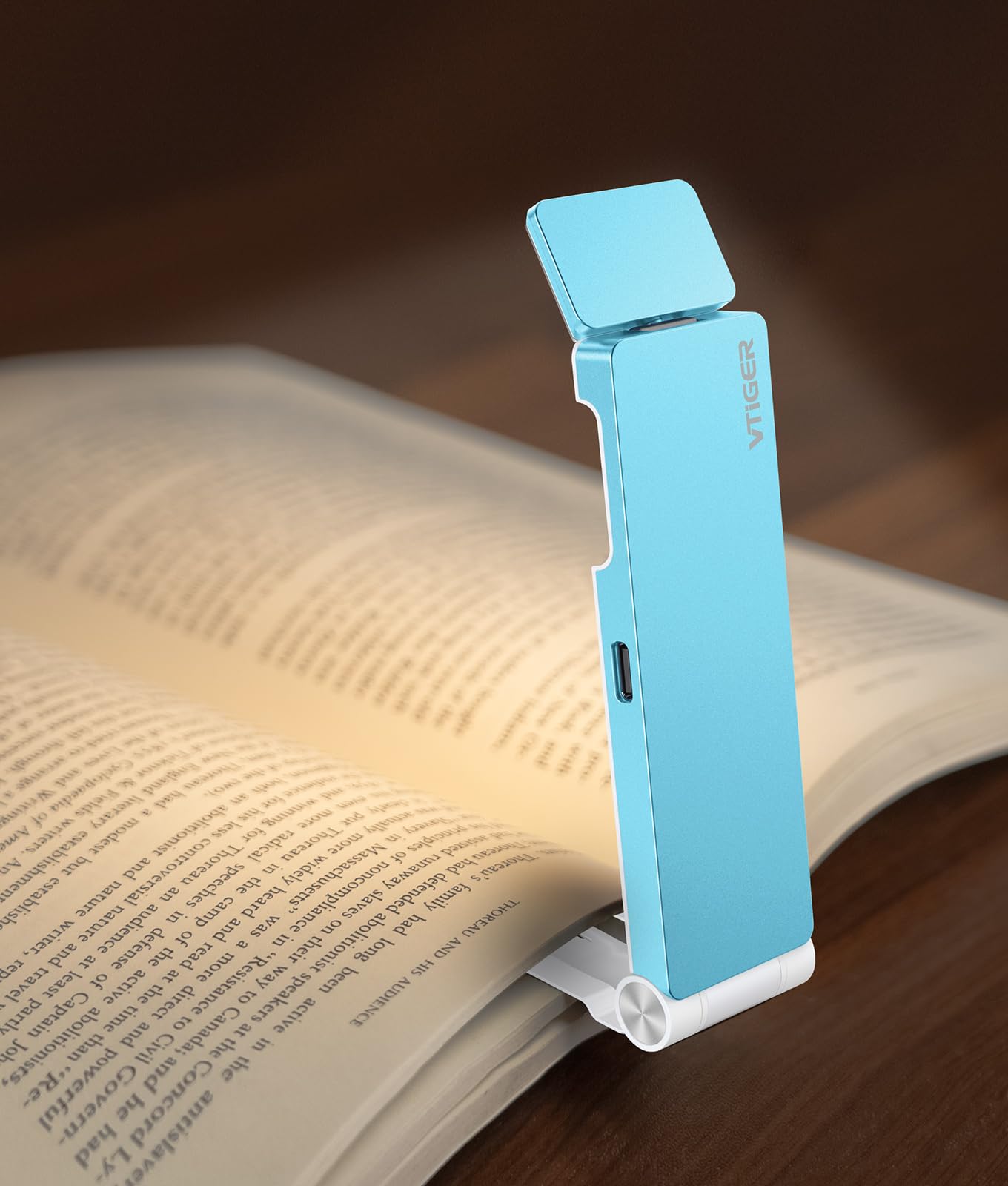 VTIGER USB Rechargeable Reading Light, LED Clip-on Booklight, 3 Amber Colors, 4 Brightness Levels, Portable, Blue, Model B1