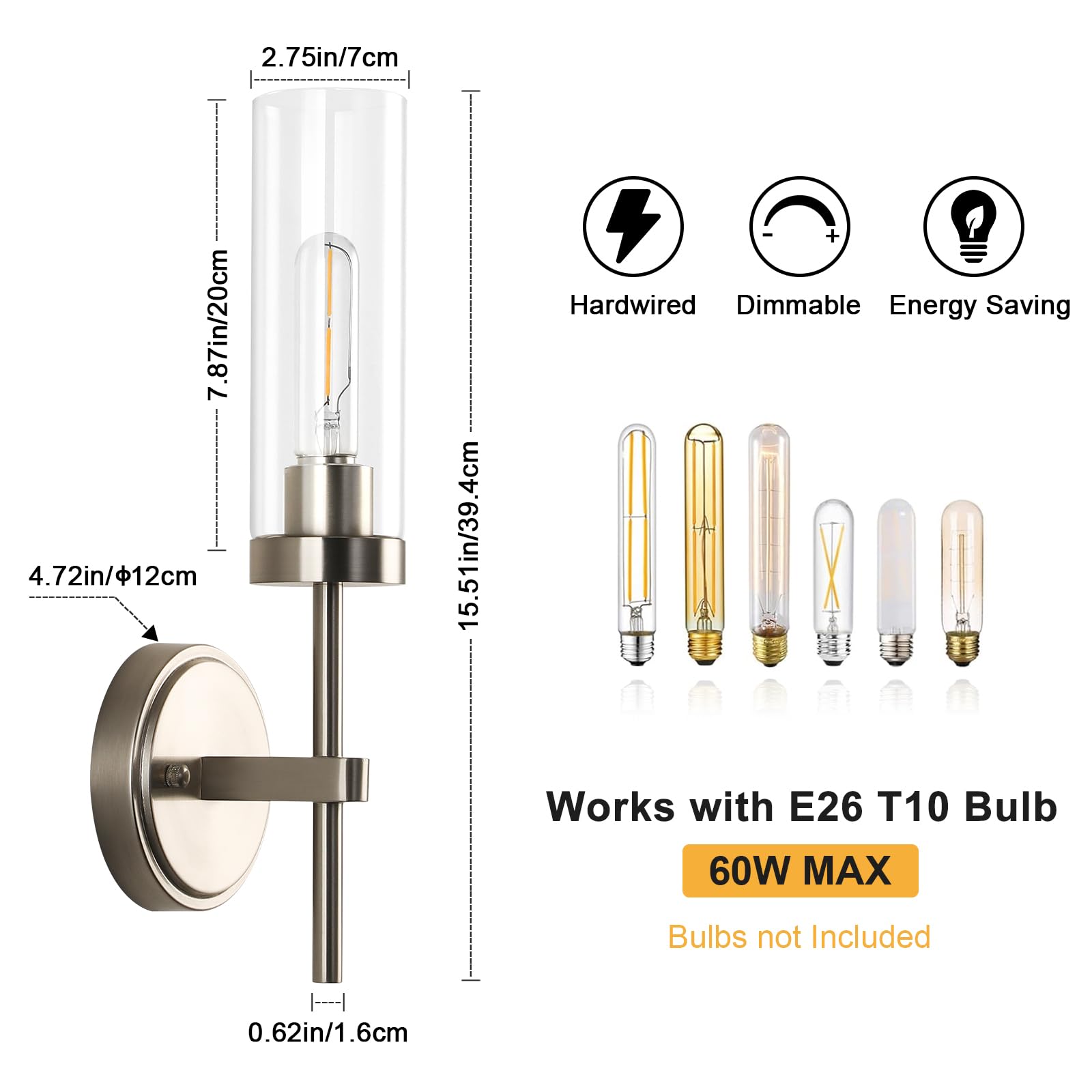 Wilon Bathroom Wall Sconces Set Of 2, Brushed Nickel Vanity Lights For Bathroom, Indoor Wall Light Fixtures With Clear Glass Sha