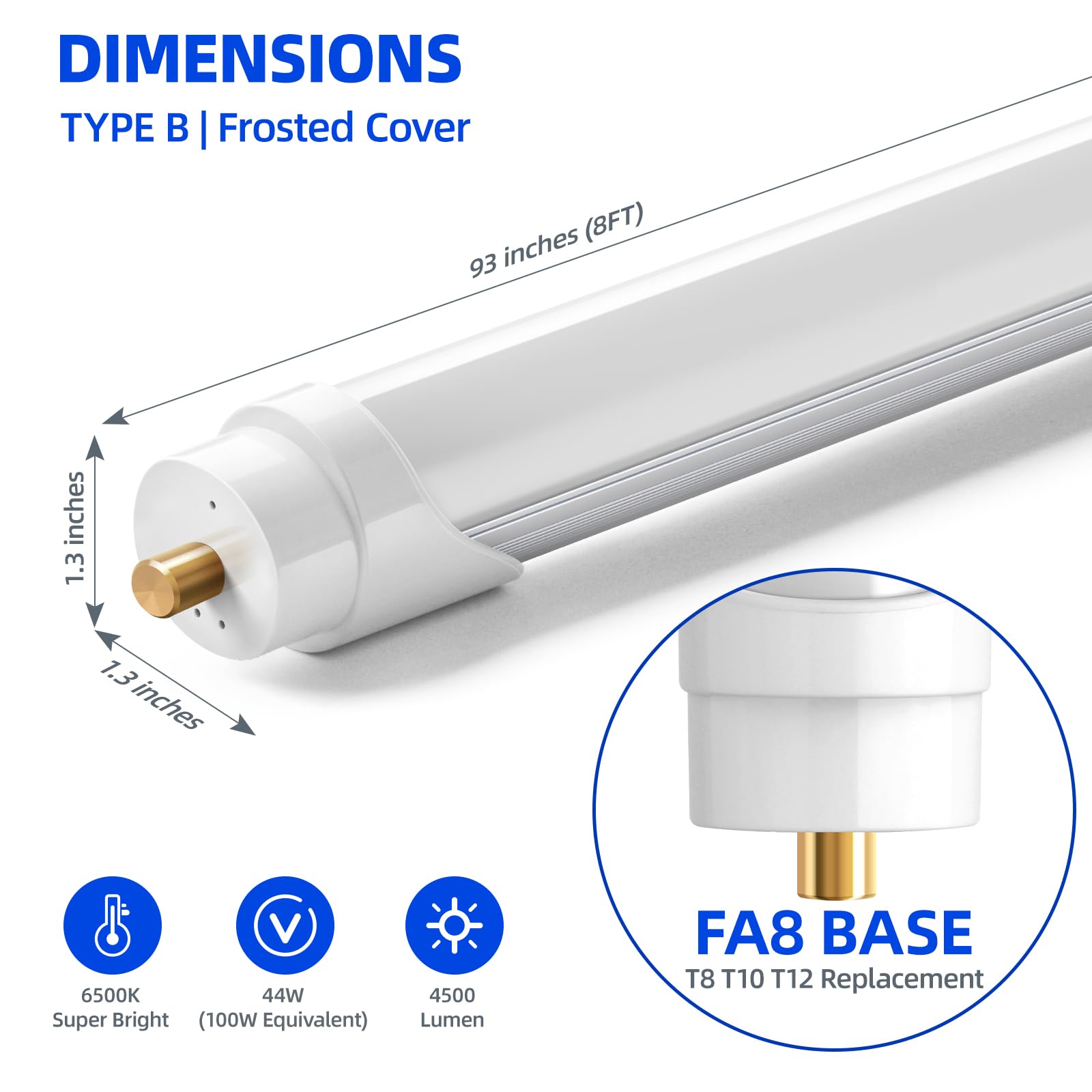 Barrina 8Ft Led Bulbs, T8 T10 T12 Led Tube Lights, Single Pin Fa8 96'' Led Replacement For Fluorescent Fixture, 44W(100W Equival