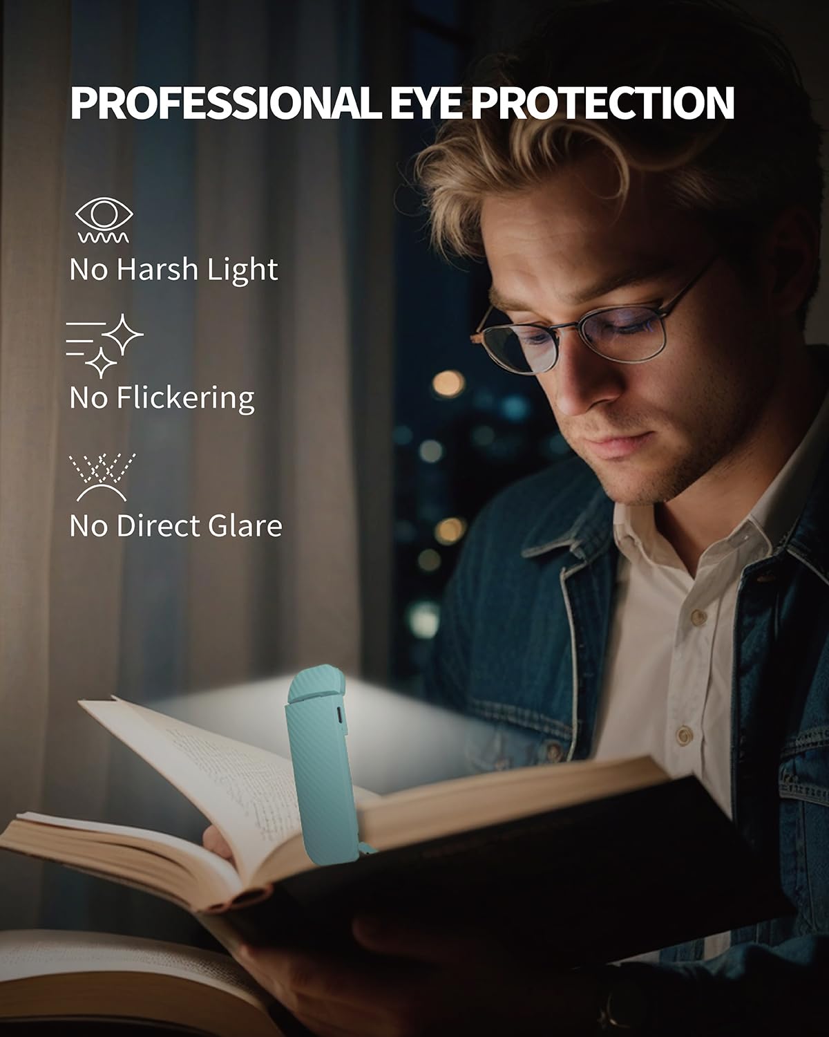 Hemonnkam Clip On Reading Light, Rechargeable, 5 Brightness Levels, 3 Color Modes, Light Blue