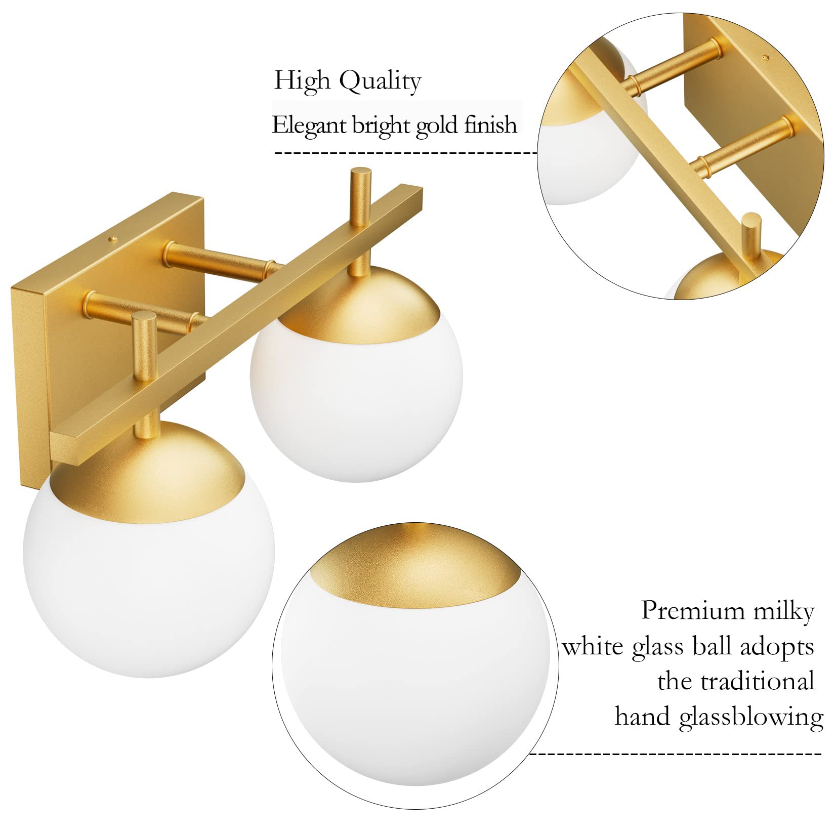 Ralbay 2-Light Gold Vanity Light Mid Century Modern Fixture Milky Glass Globe Model 1100