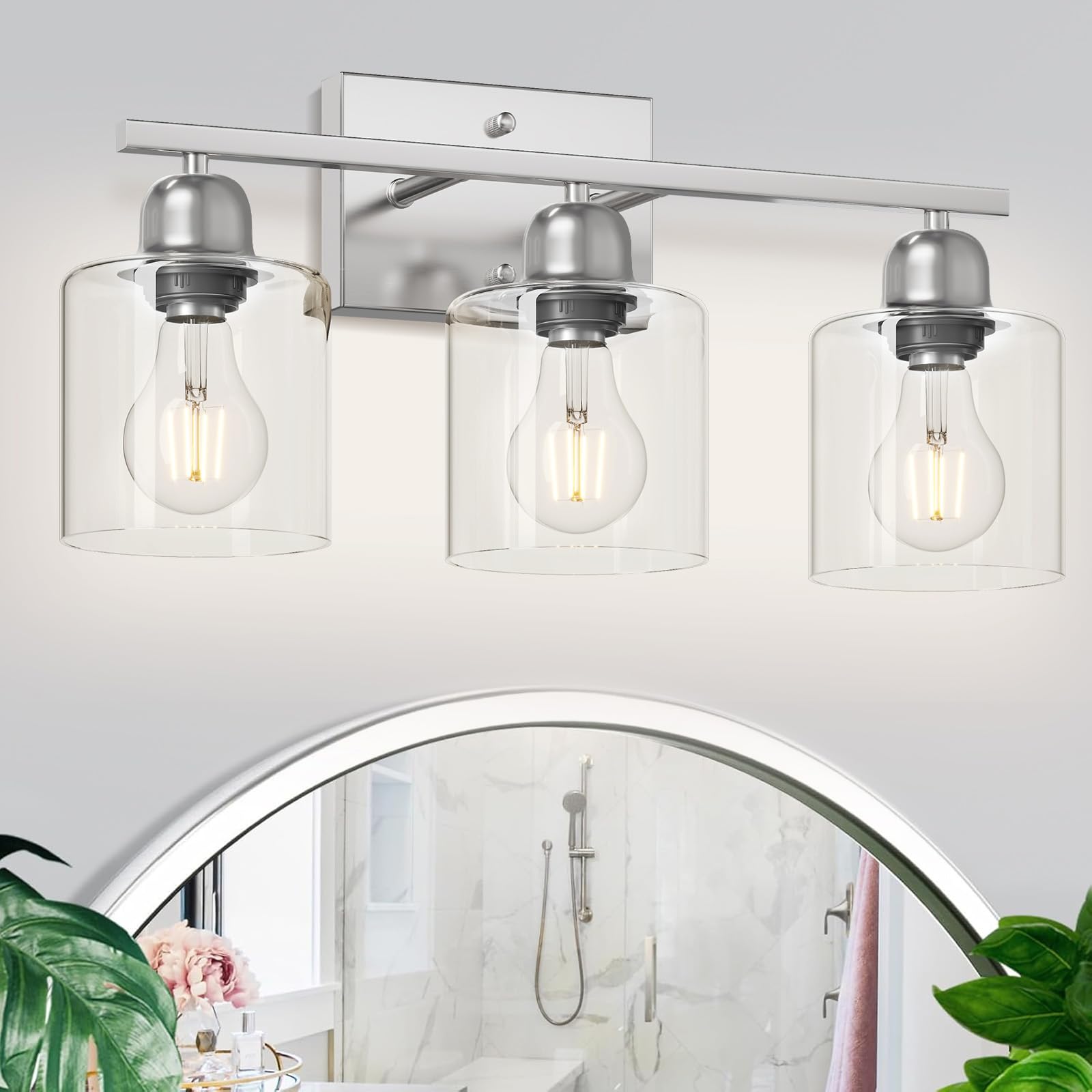 Faishilan Modern Brushed Nickel 3 Light 19 Inch Vanity Lights For Bathroom With Clear Glass  Bathroom Lighting Fixtures Over Mirror For Mirror Kitchen Living Room Hallway Cabinet Porch