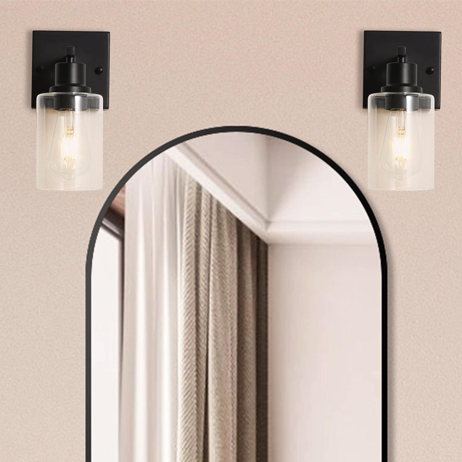 Jodauirt Hallway Wall Sconces Set Of 2,Farmhouse Modern Wall Lights Bathroom Matte Black Vanity Lights Fixtures With Glass Shade