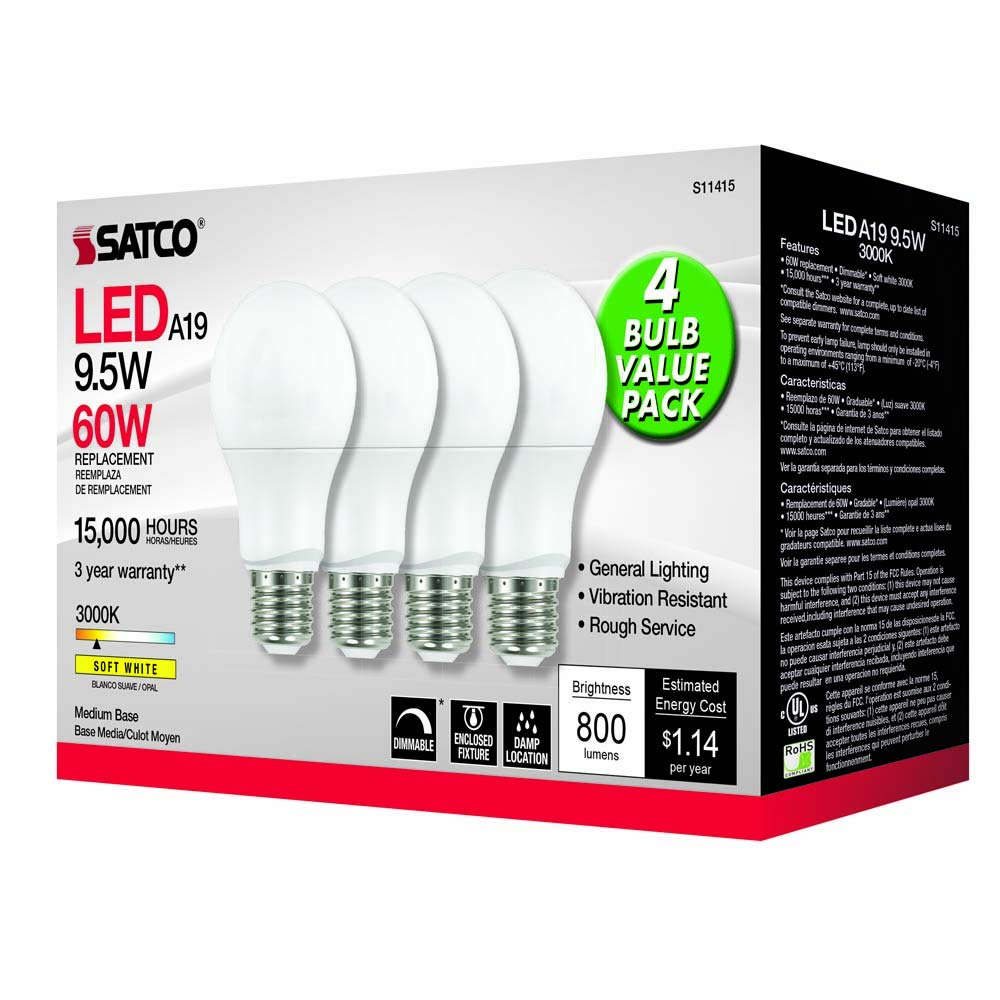 Satco A19 LED Replacement Lamp, 9.5W, Frosted Finish, 3000K, 4 Count, Model S11415