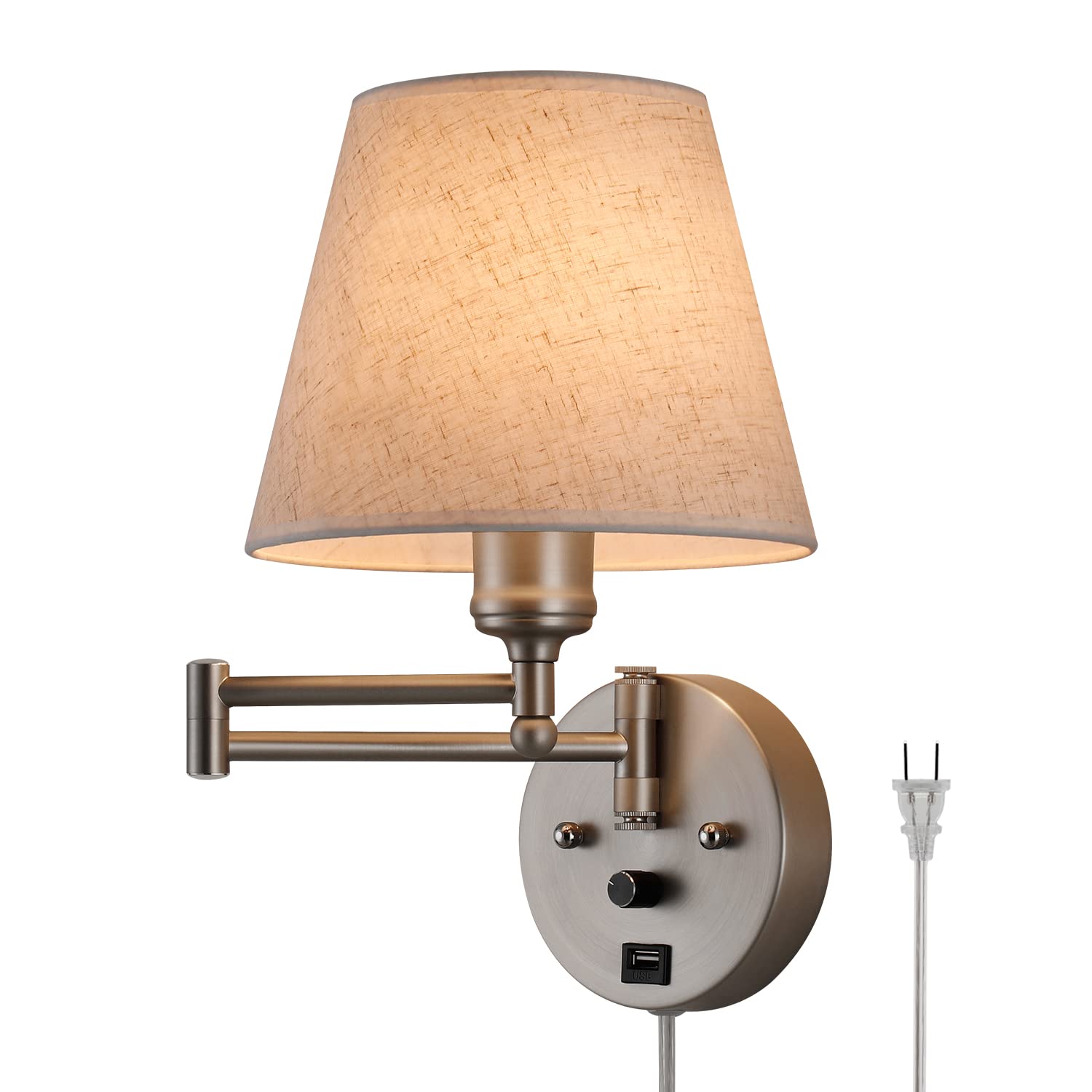 PULLCU Swing Arm Wall Lamp Wall Mount Lamp with Cord Plug in Wall Sconce Lighting with Dimmable On Off Switch Wall Light with US
