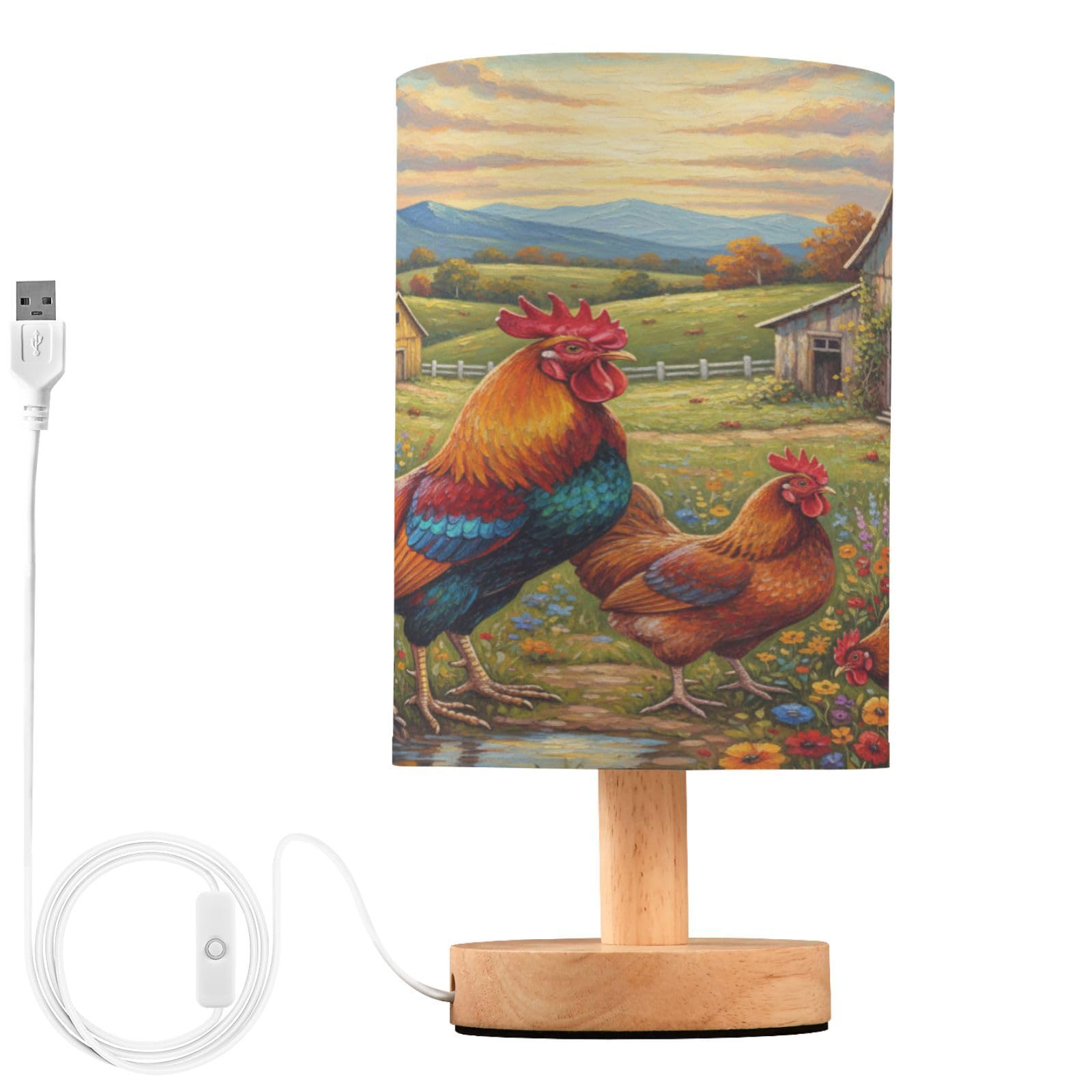 ALAZA Beautiful Farm Rooster Family Flowers Chicken Decor Bedside Table Lamp with USB Port for Bedroom Nightstand Office Desk LE