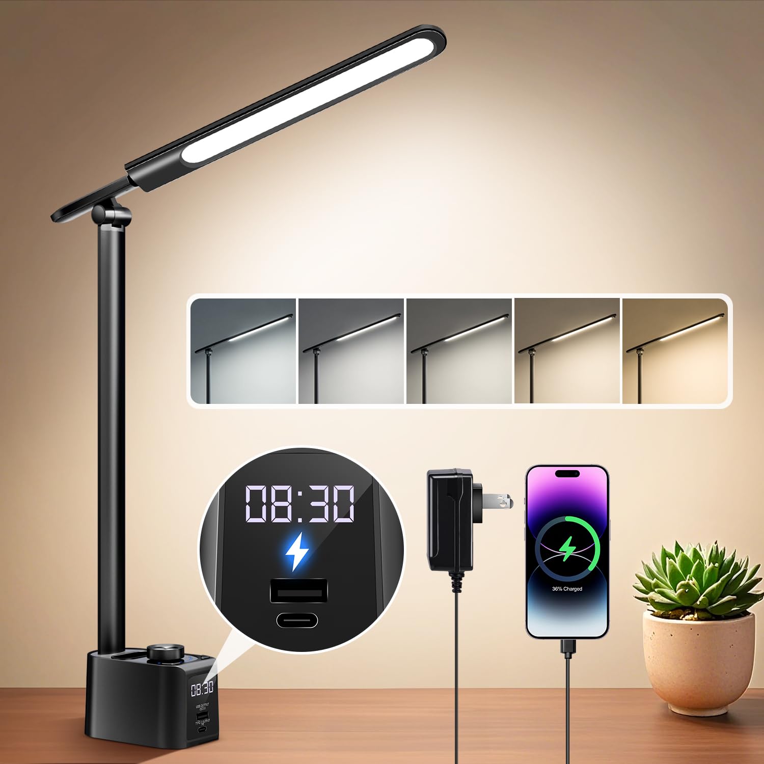 Desk Lamps For Home Office,5 Colors+11 Brightness Led Desk Lamp With Usb Charging Port+Clock+Pen Holder,700 Lumen Led Desk Light Desk Lamps For Office,Small Desk Lamp For Desk Lights For Home Office