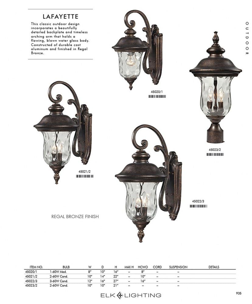 Elk Home Lafayette 2-Light Outdoor Post Mount, 10X21-Inch, Regal Bronze, Water Glass Body
