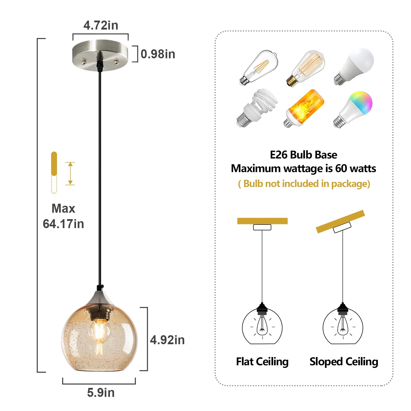 Lbsqj Light Brown Glass Pendant Lights Kitchen Island Globe Pendant Light Fixtures Modern Pendant Lighting For Bedroom Living Dining Room Light Fixture (5.9 In  2 Pack)