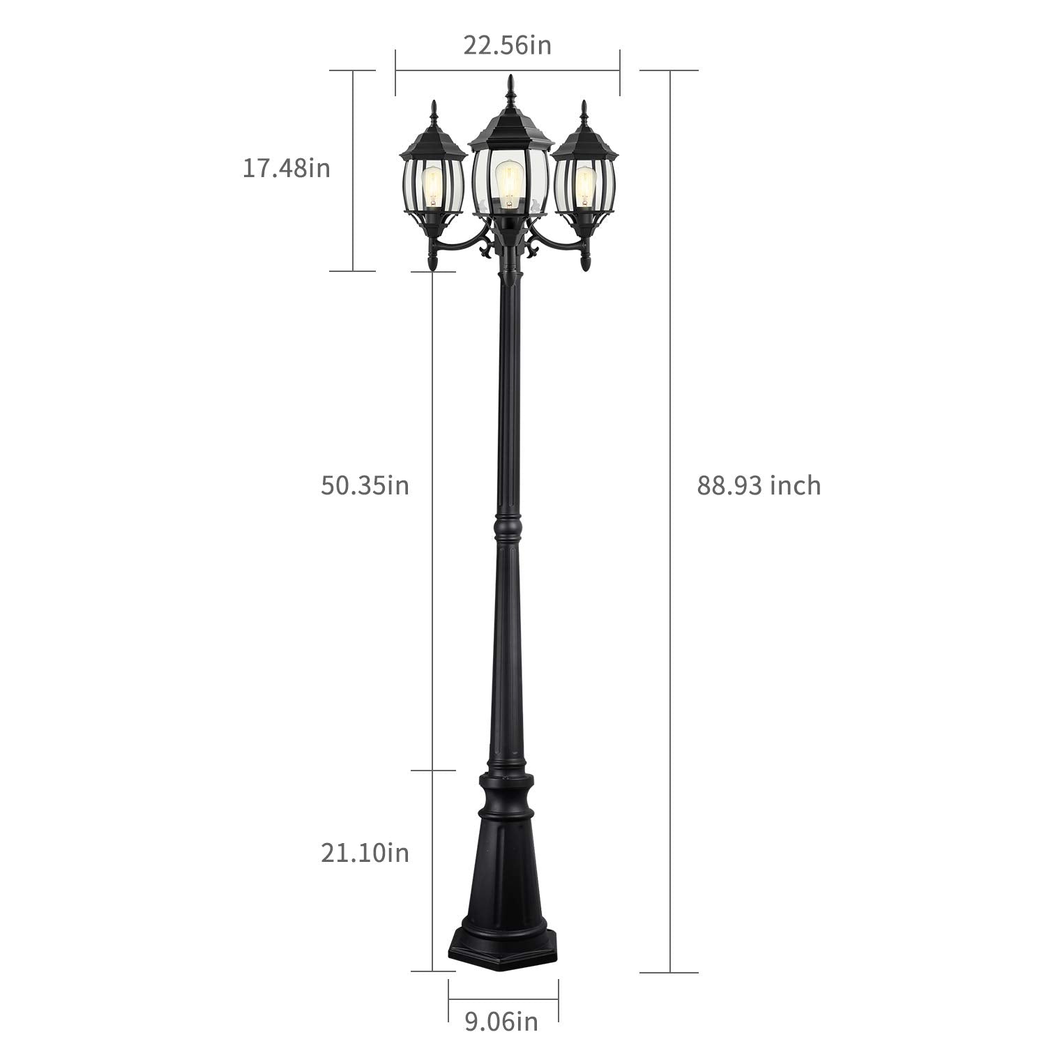 PARTPHONER Outdoor Lamp Post Light 3-Head, Black Aluminum, E26 Base, 100W Max, Waterproof, Model PL001