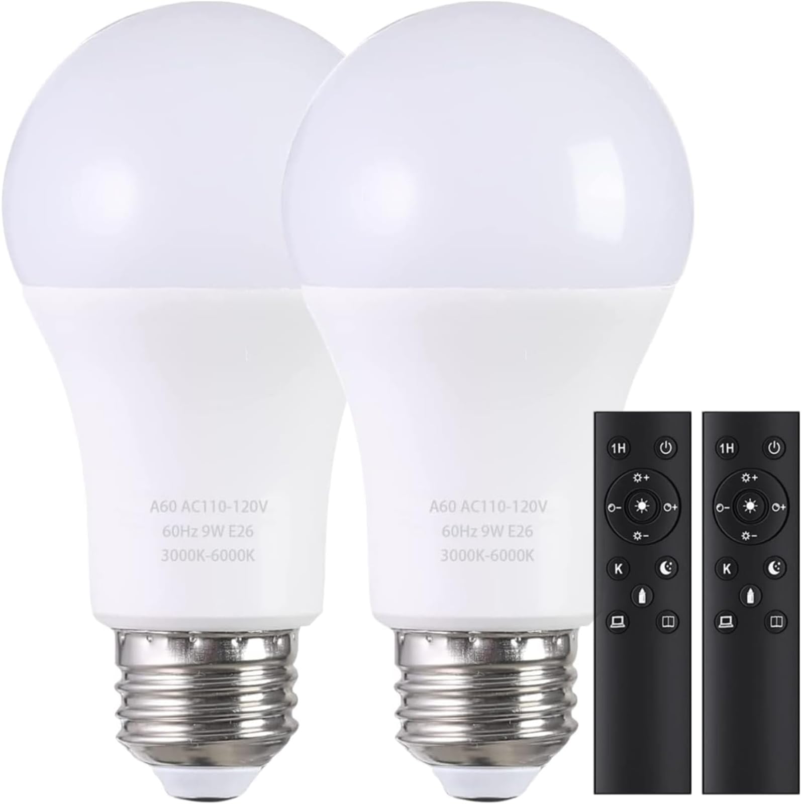 MXhme A19 LED Light Bulbs, 800LM 9W, Stepless Dimmable 3000K-6000K, E26 Base, 2 Bulbs & 2