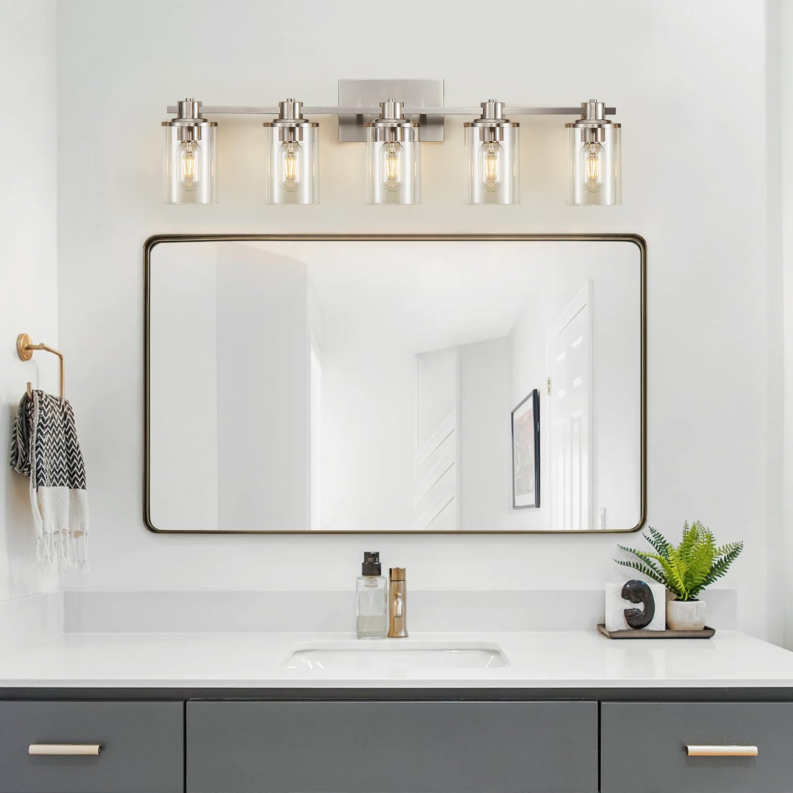 Dujahmland 5-Light Brushed Nickel Bathroom Vanity Light Fixture With Clear Glass Shade