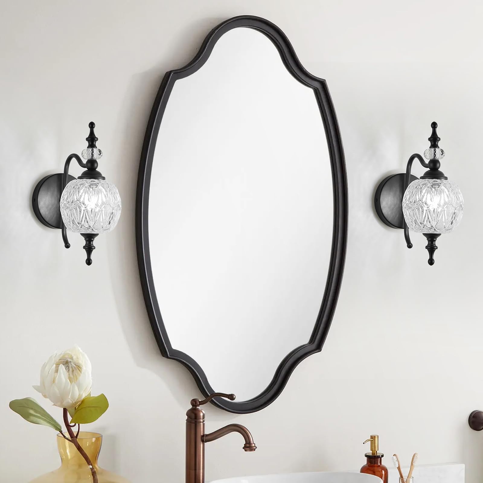 TLOLGT 1-Light Wall Light Fixture, Black Iron with Crystal Glass Shade, Model W233-1B, Vintage Design for Bathroom, Bedroom, Living Room