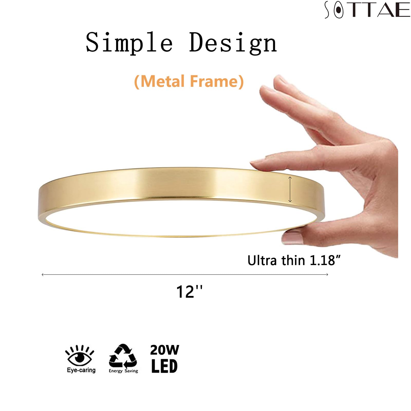 Sottae 2 Pack 12 Inch Brushed Gold Metal Flush Mount Led Ceiling Light,3000K-5000K 20W Thin Round Ceiling Lamp,Modern Low Profil