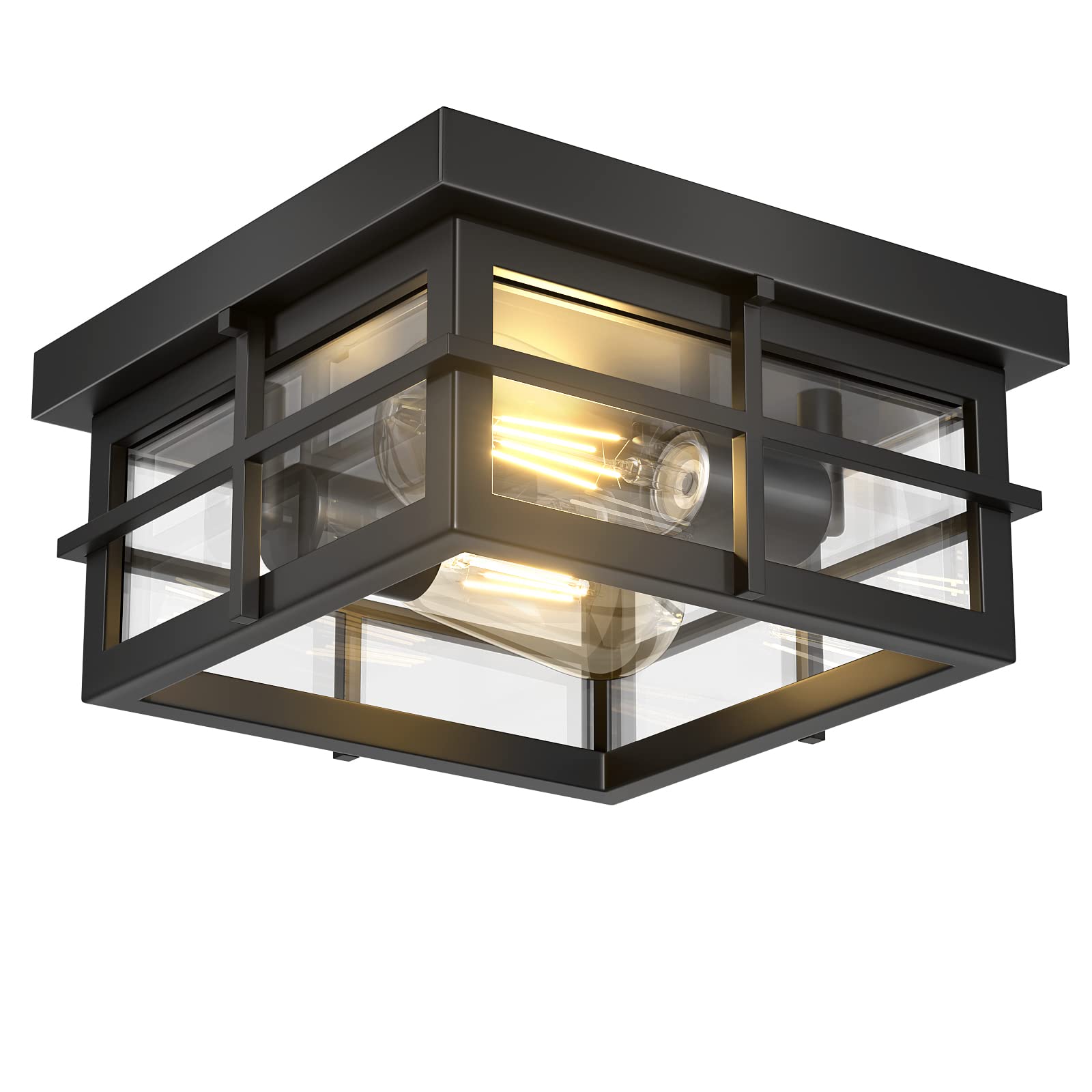 Asnxcju Modern Outdoor Ceiling Light Fixtures, 2-Light Black Flush Mount Light Fixtures with Clear Glass Shade, Farmhouse Square