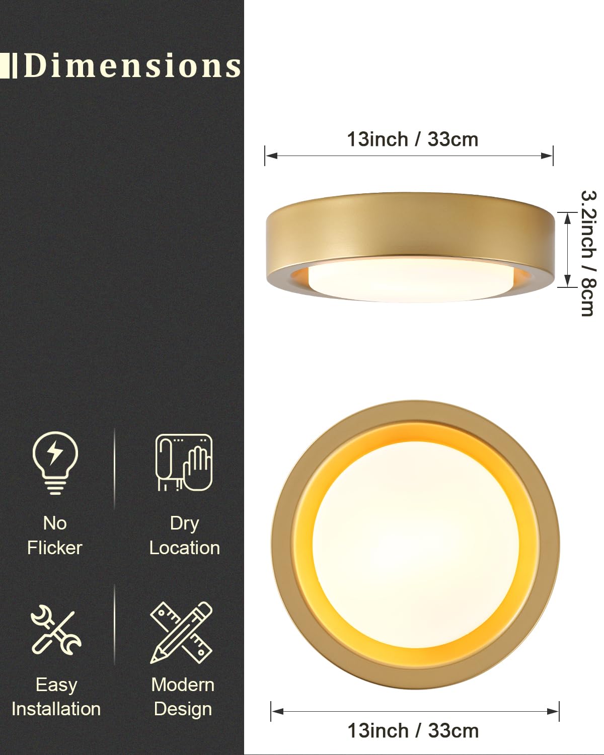 Miaomeio 13 Inch Flush Mount Ceiling Light Gold Finish Plate With Frosted Glass Shade Round Ceiling Lighting Fixture For Hallway Bedroom Closet Livingroom Kitchen Stairwell (Gold)