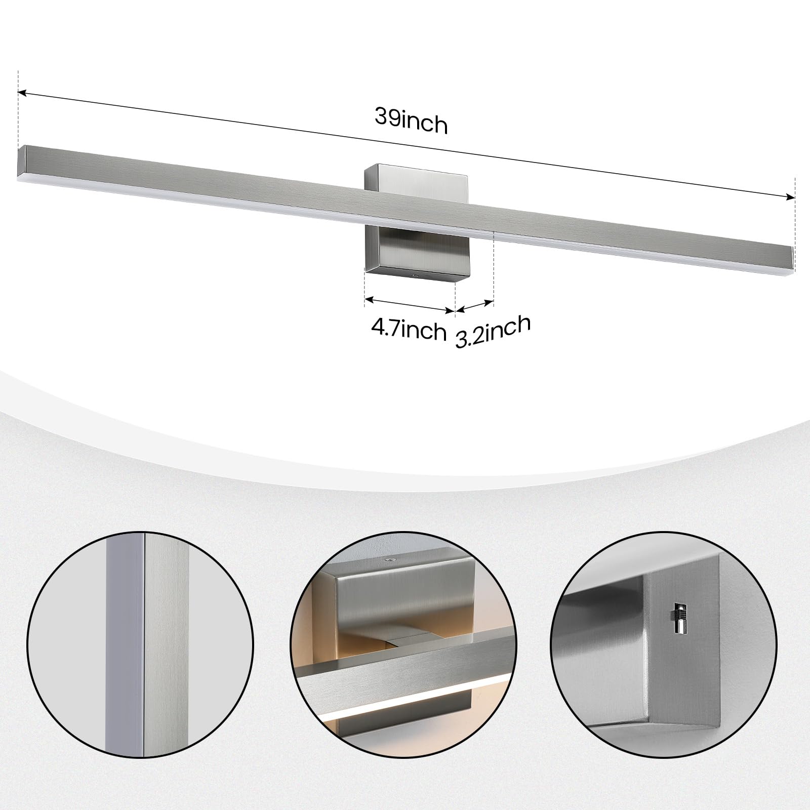 KAISITE 39" Brushed Nickel LED Vanity Light Fixture, Dimmable Modern Bath Wall Light Over Mirror, Model 8203WL-39SN-US