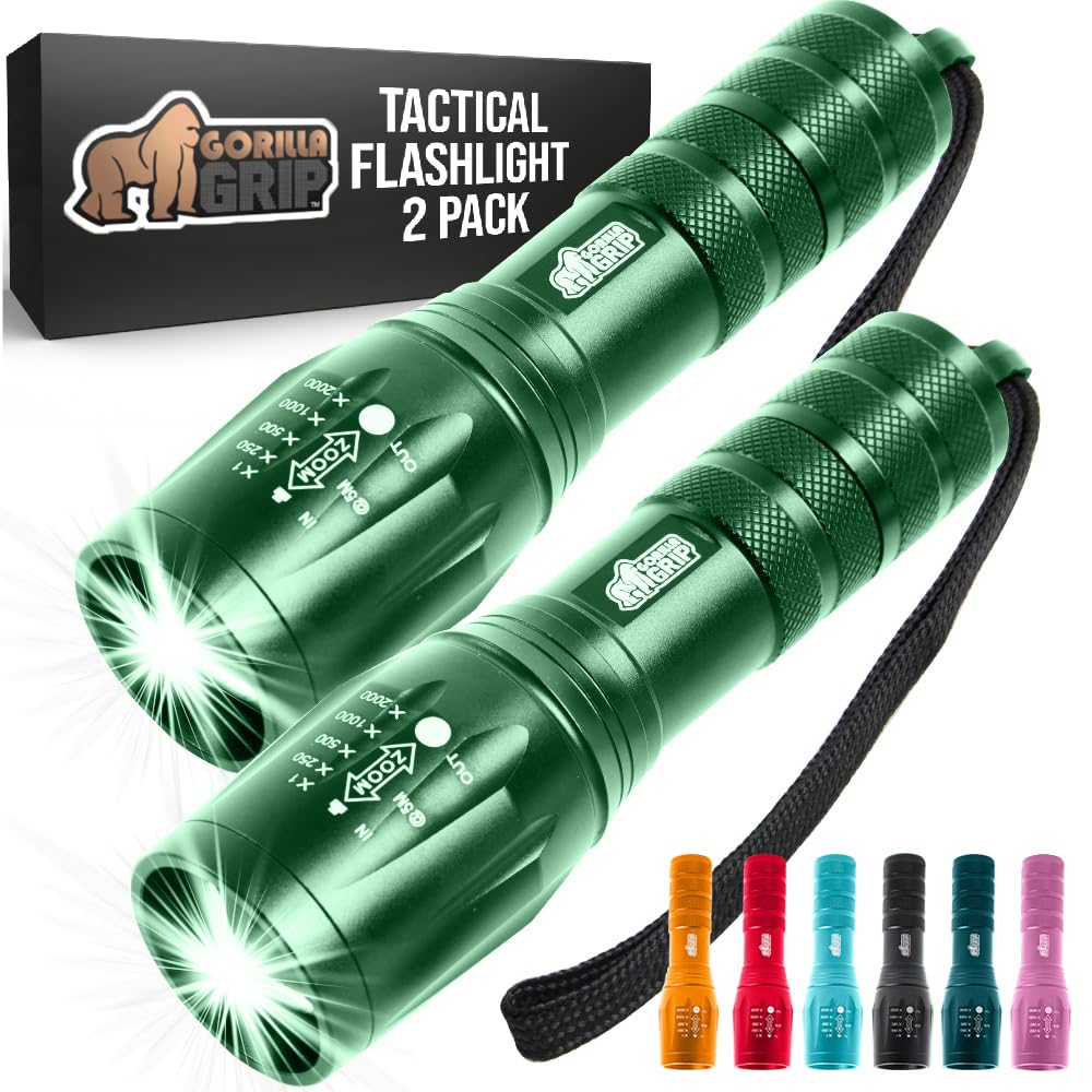 Gorilla Grip LED Tactical Handheld Flashlight, 750 FT Zoom, 5 Modes, Water Resistant, Metal, Hunter Green, Model 840029684931