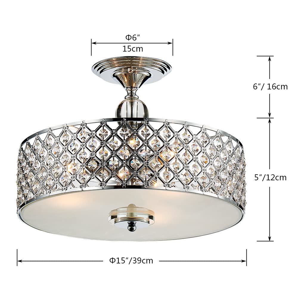 SM Saint Mossi Flush Mount Ceiling Chandelier, 3-Light K9 Crystal, H11 x D15.4, Chrome Finish for Dining Room, Living Room, Bedroom
