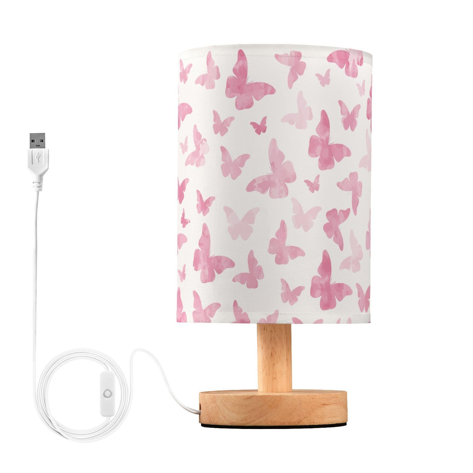 Coikll Watercolor Pink Butterfly Table Lamp Bedside with USB Ports Nightstand Lamps with Fabric Lampshade for Reading, Bedroom, 