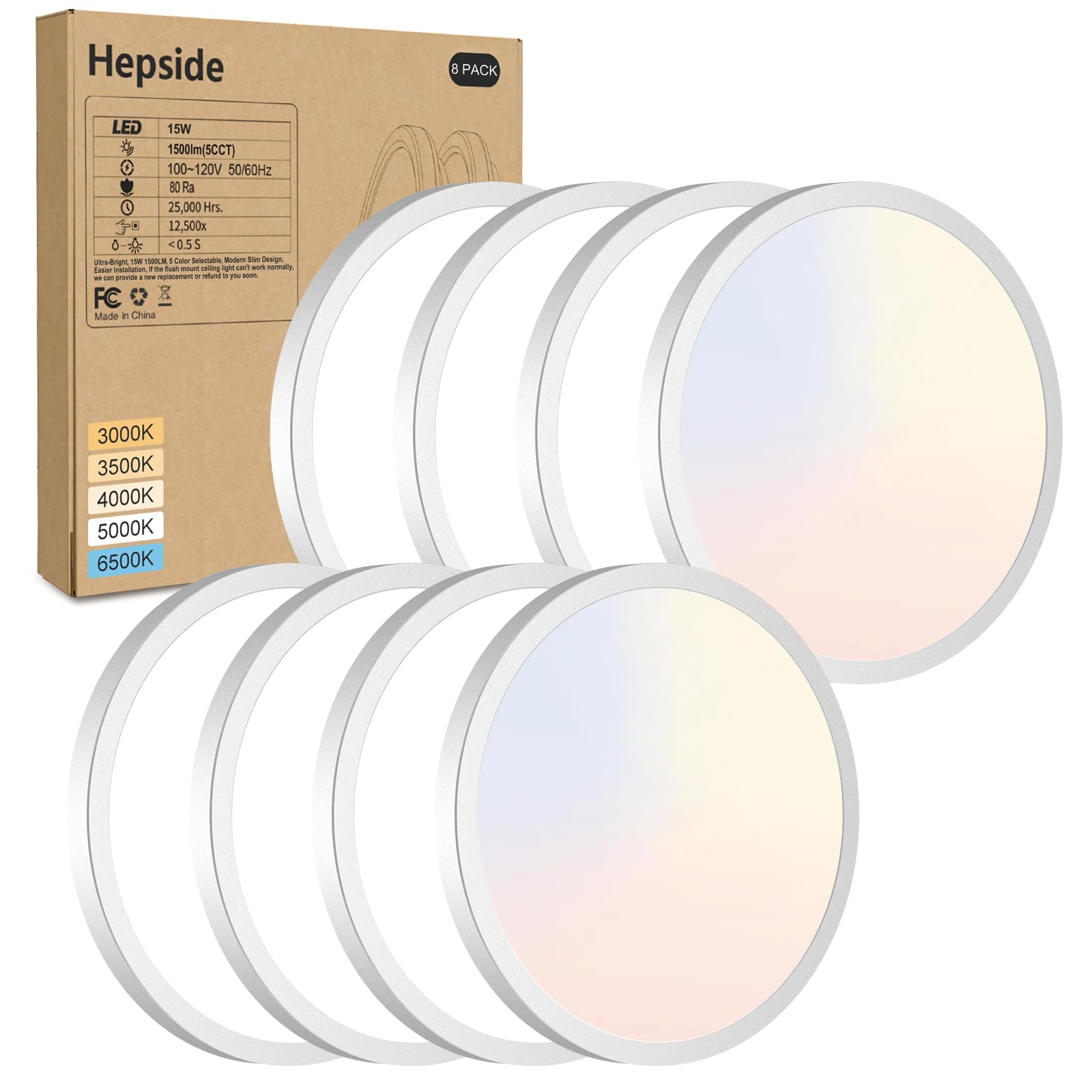 Hepside 8-Pack LED Flush Mount Ceiling Light Fixture, 15W, Dimmable, 3000K-6500K, 7-Inch, White