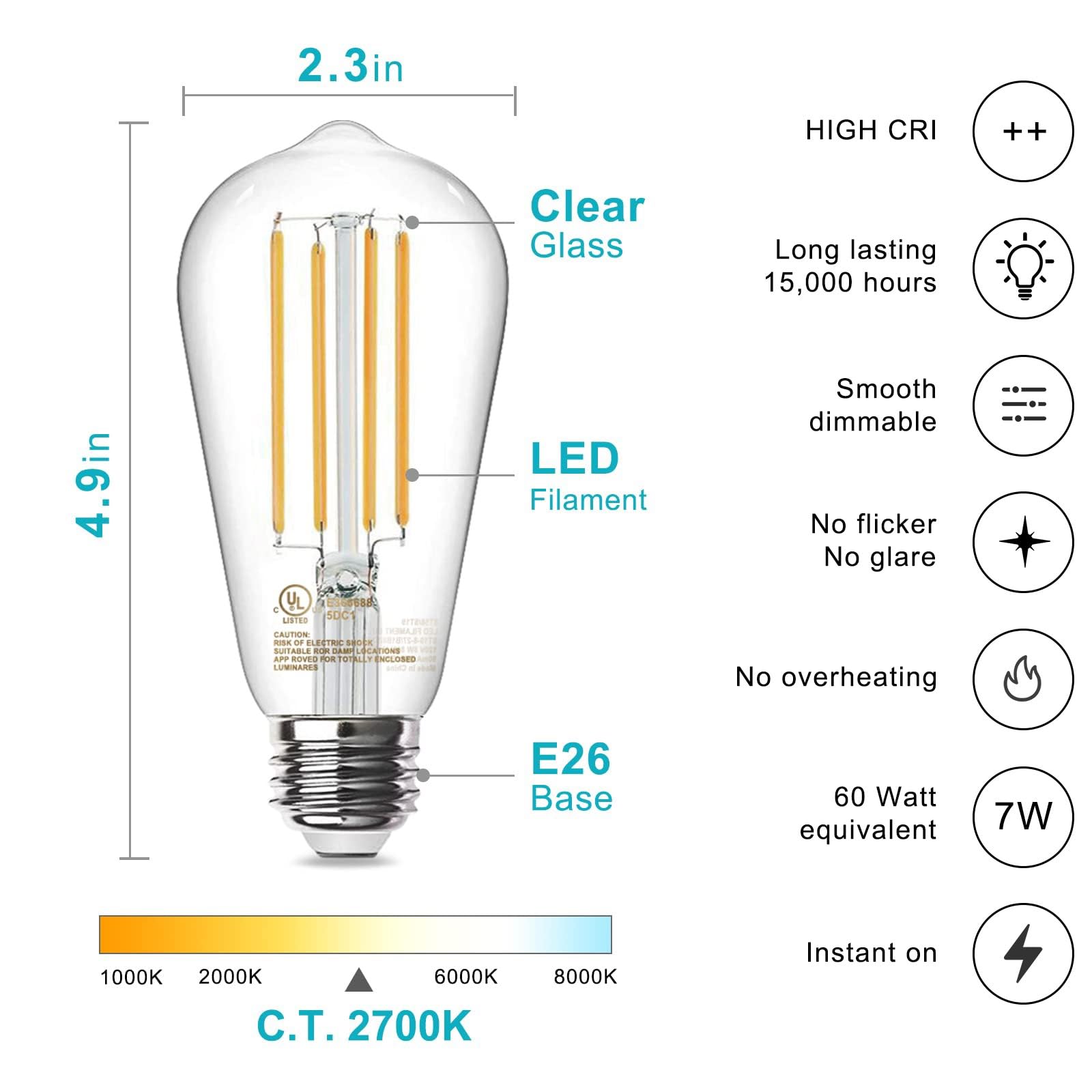 Tjoy Edison Light Bulbs 60W Equivalent, Dimmable Vintage Led Light Bulbs, E26 Medium Base, Warm White 2700K, St58, 8W, 800Lm, 80