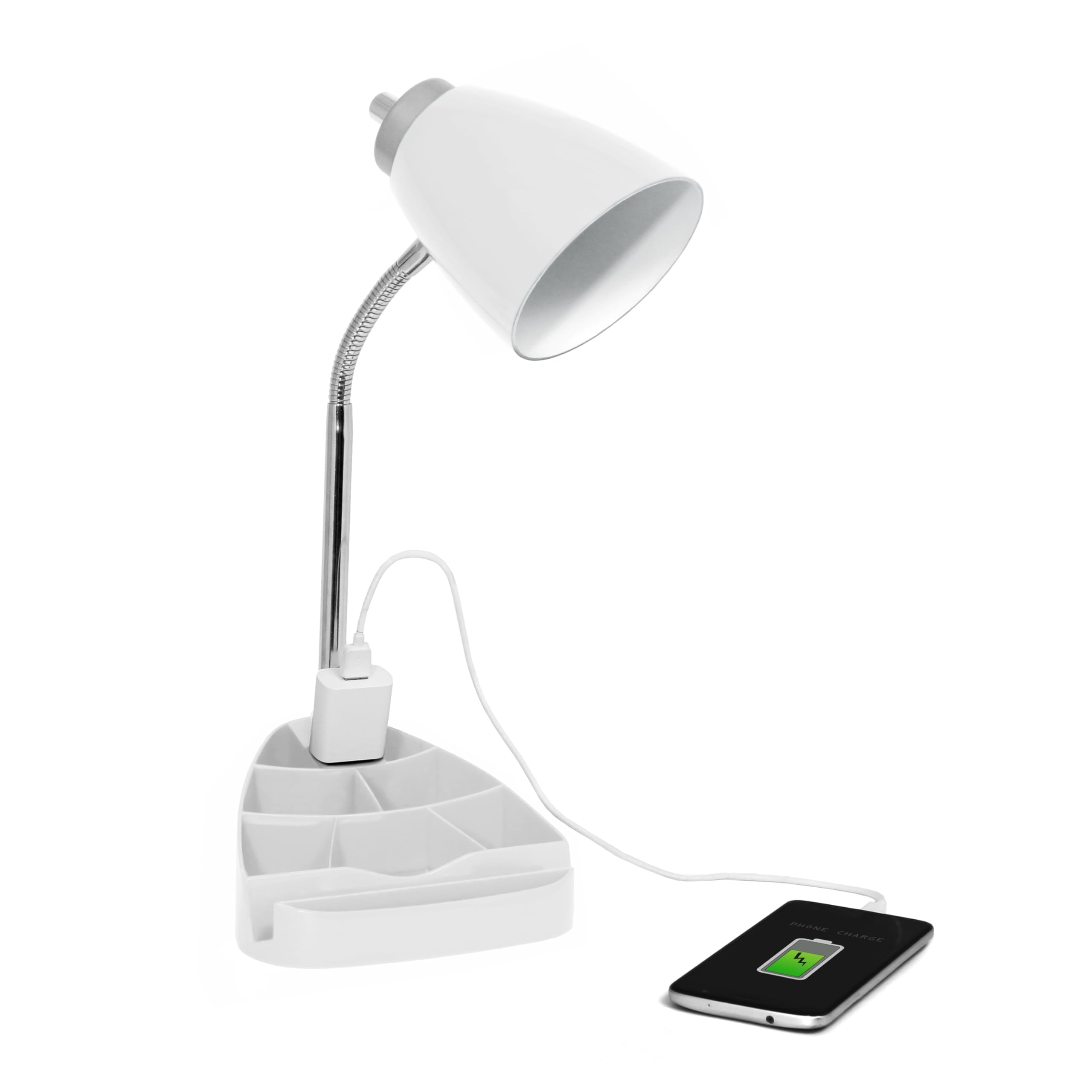 Simple Designs LD1094-WHT 18.5 All-in-One Gooseneck Desk Lamp with iPad Stand, Book Holder, and Convenient Charging Outlet, for