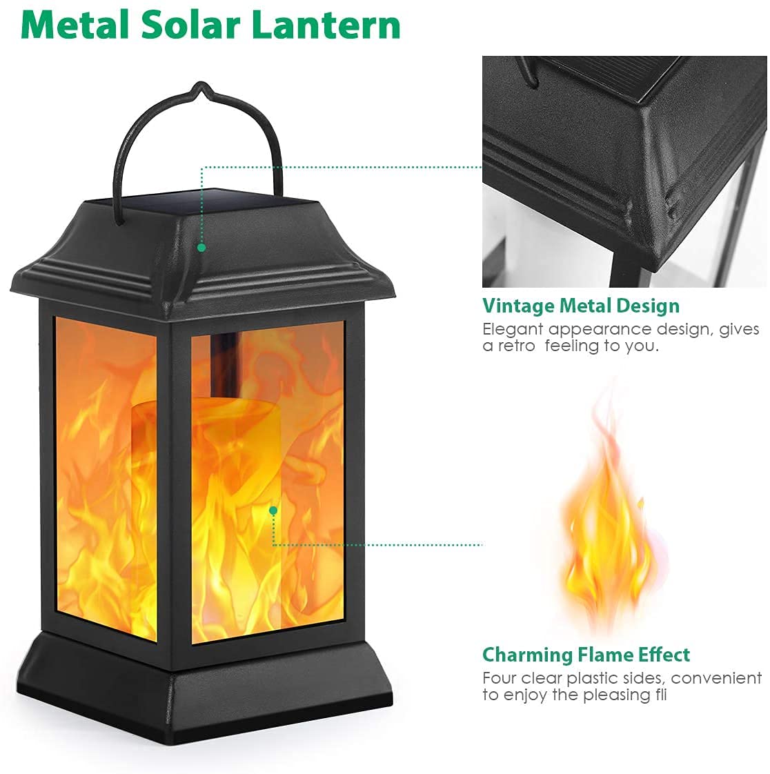Tomcare Solar Lights Metal Flickering Flame Lanterns, Waterproof Outdoor Hanging Decor, 2 Pack, Black, Model Sz-19003
