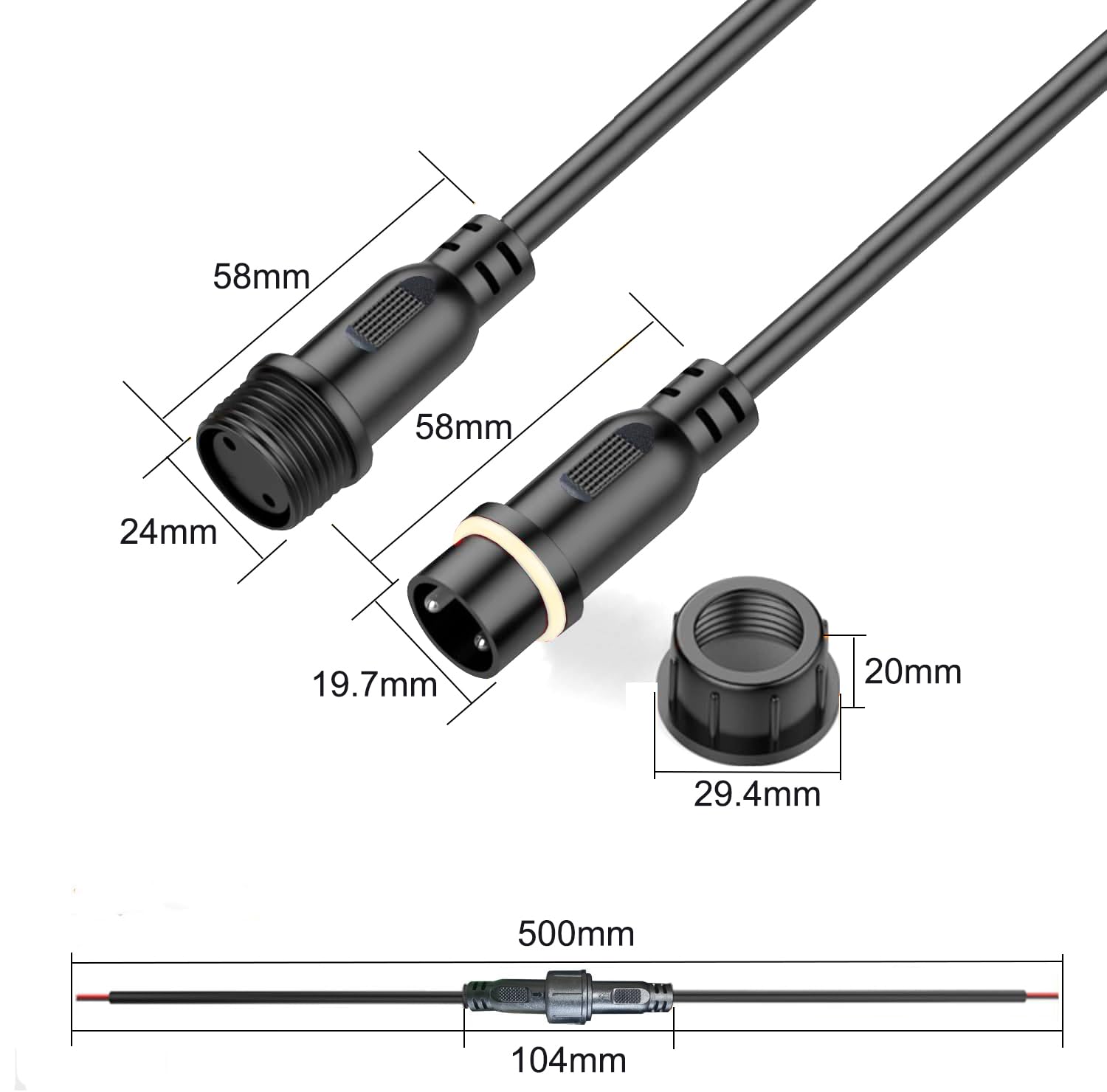 QOFOWIN 2Pin Waterproof Connector Set, 12AWG 25CM Extension Cable for Car, Boat, Truck, Indoor/Outdoor LED Strip Lights (2Pairs)