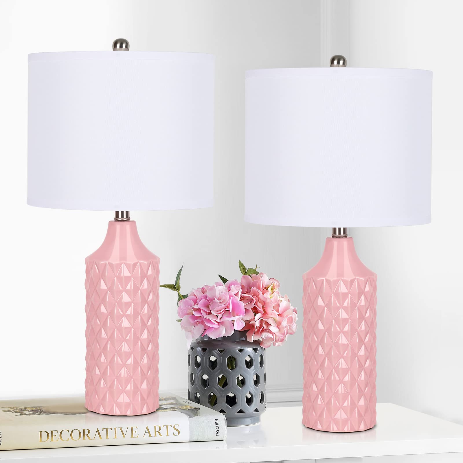 Qingmiao 25&quot; Pink Ceramic Table Lamps Set Of 2, 3-Way Dimmable Nightstand Lighting, Bul