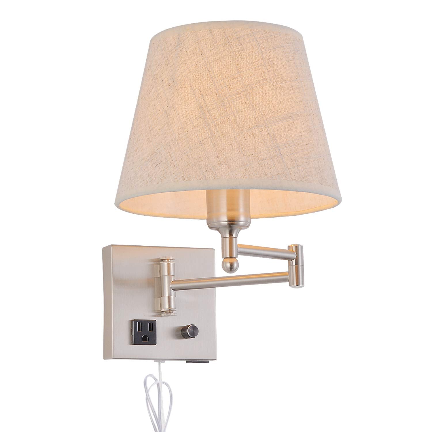 Bedside Wall Mount Light with Dimmable Switch and Outlet, Swing Arm Fabric Shade Wall Sconce Light with USB Port and Plug in Cor