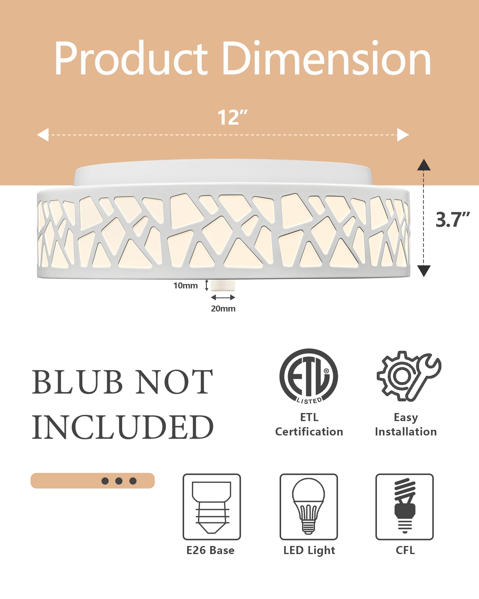 Vicnie 2-Light Flush Mount Ceiling Light, 12&quot; White Metal & Frosted Glass Fixture For Home