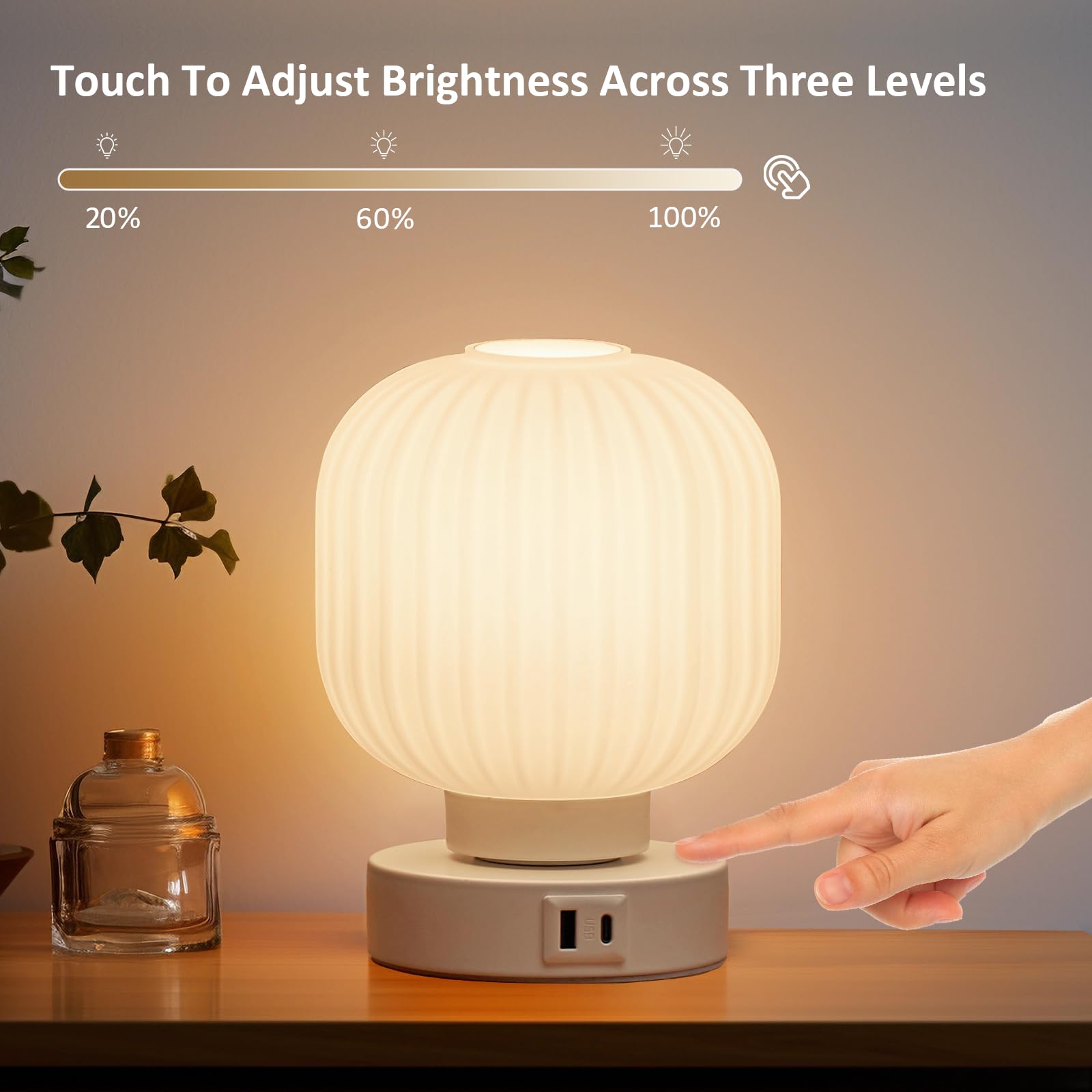 Elenhome 2-Pack Touch Bedside Glass Table Lamps - 3-Way Dimmable, USB Charging Ports, White, Model WN-CL04