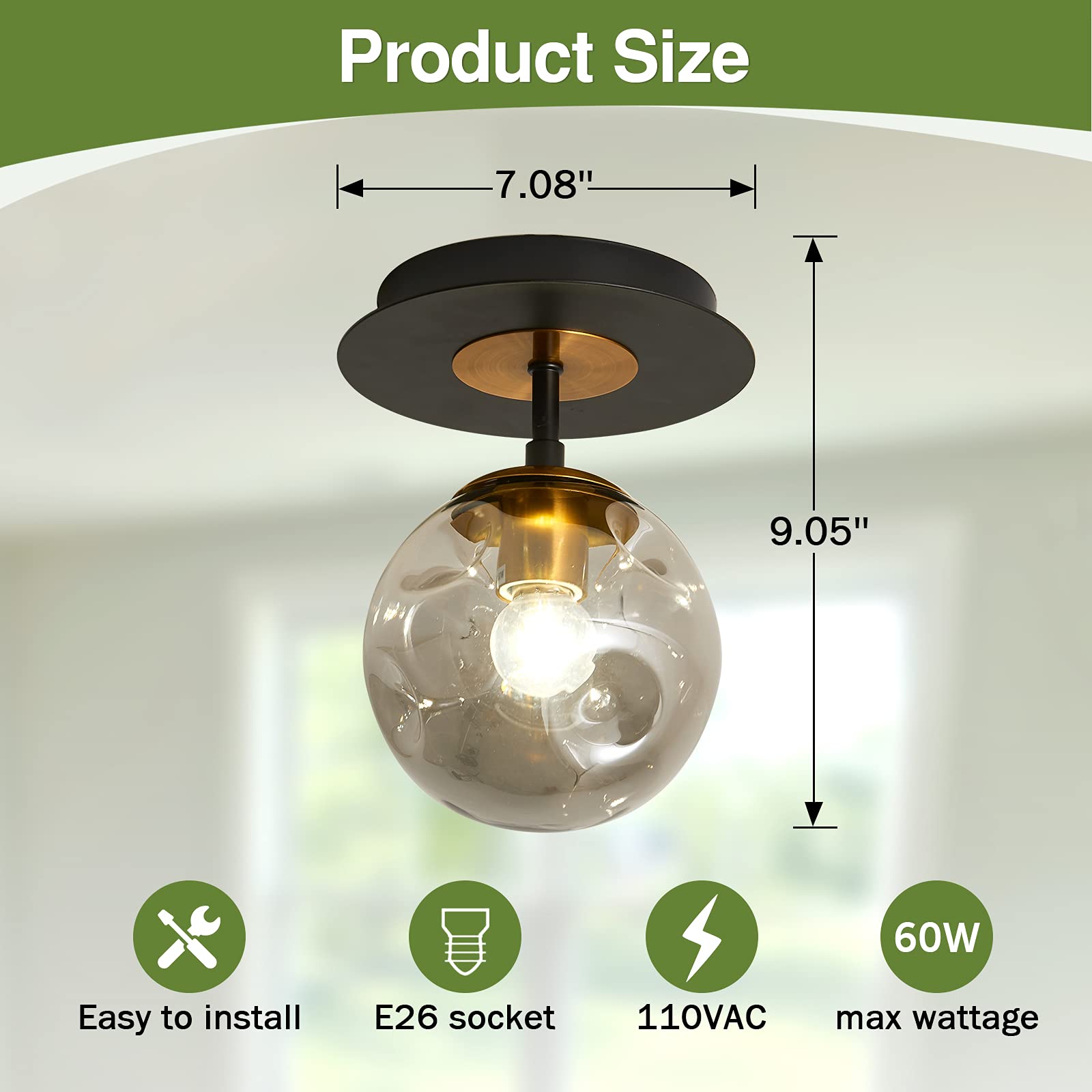 Szxykeji 1-Light Mini Glass Globe Ceiling Light, Modern Black Flush Mount Fixture For Hallway